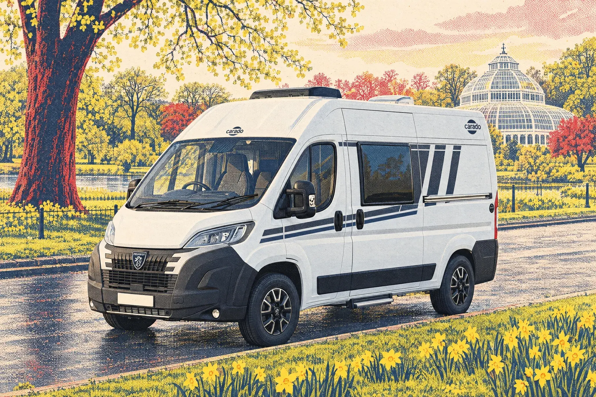Illustration of a Carado CV540 campervan on a Peugeot Boxer parked by spring daffodils in Liverpool's Sefton Park, the Victorian Palm House behind.