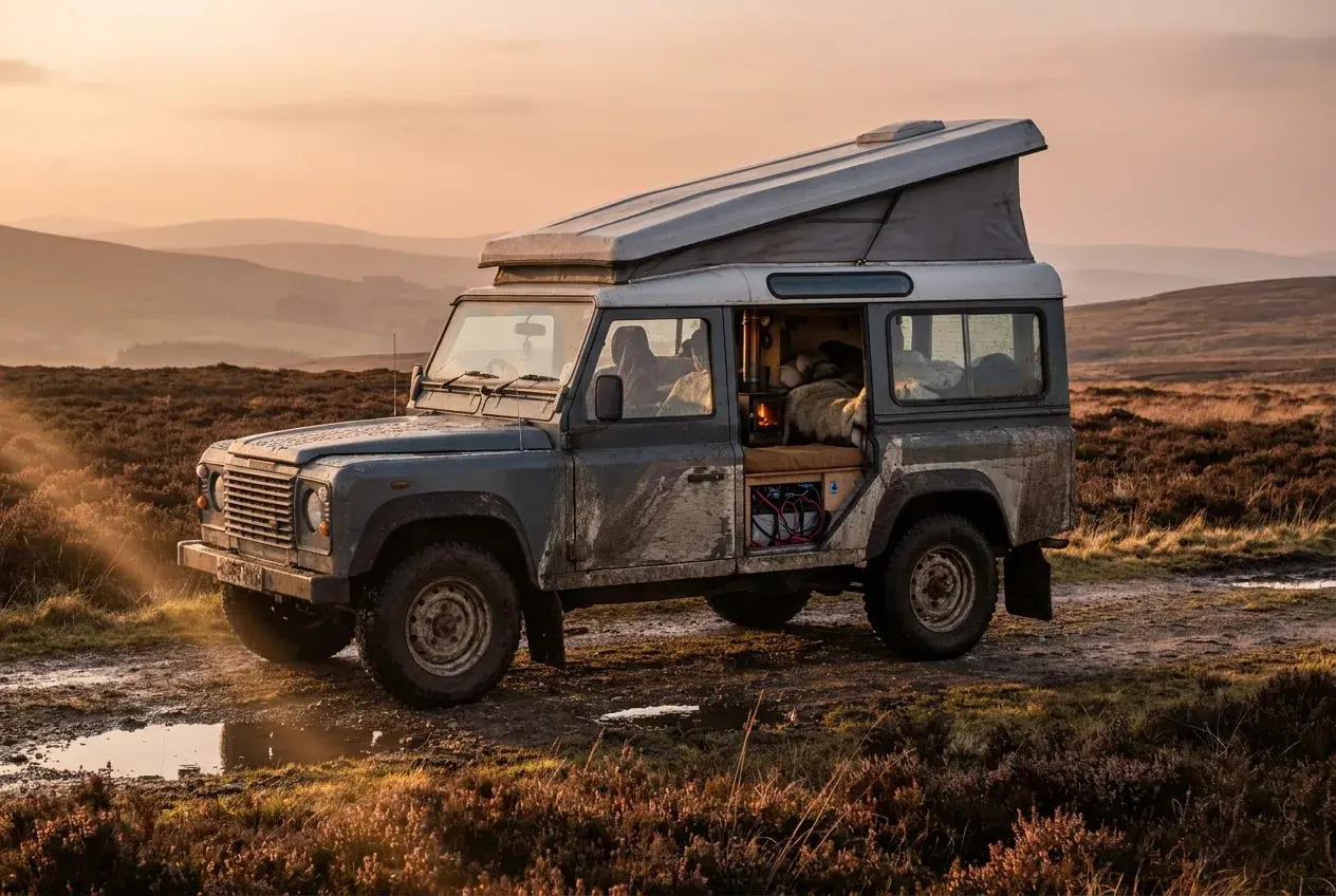 A 4x4 campervan parked on remote moorland at golden hour with its side door open, showing a lived-in interior with heating and a battery setup.