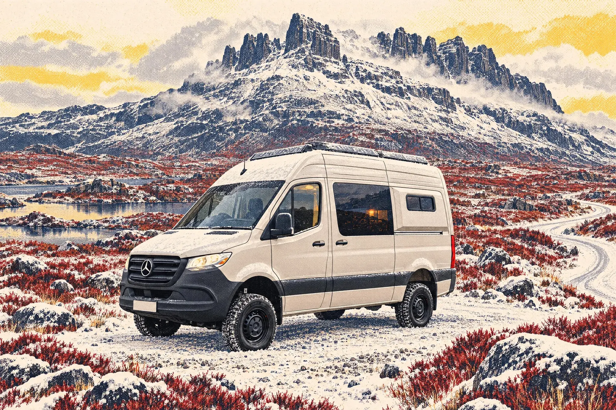 A Mercedes Sprinter 4x4 campervan parked alone in a snowy roadside pull-in beneath the jagged, snow-dusted ridge of Stac Pollaidh in Wester Ross.