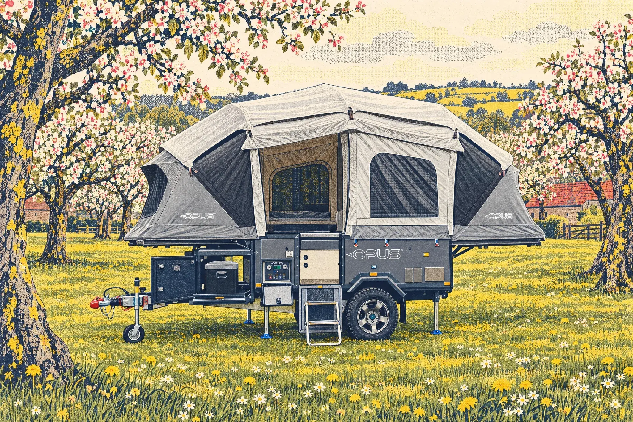 Illustration of an Air OPUS folding camper, its air-beam tent inflated, pitched in a Herefordshire cider orchard in white-and-pink April blossom under grey skies.