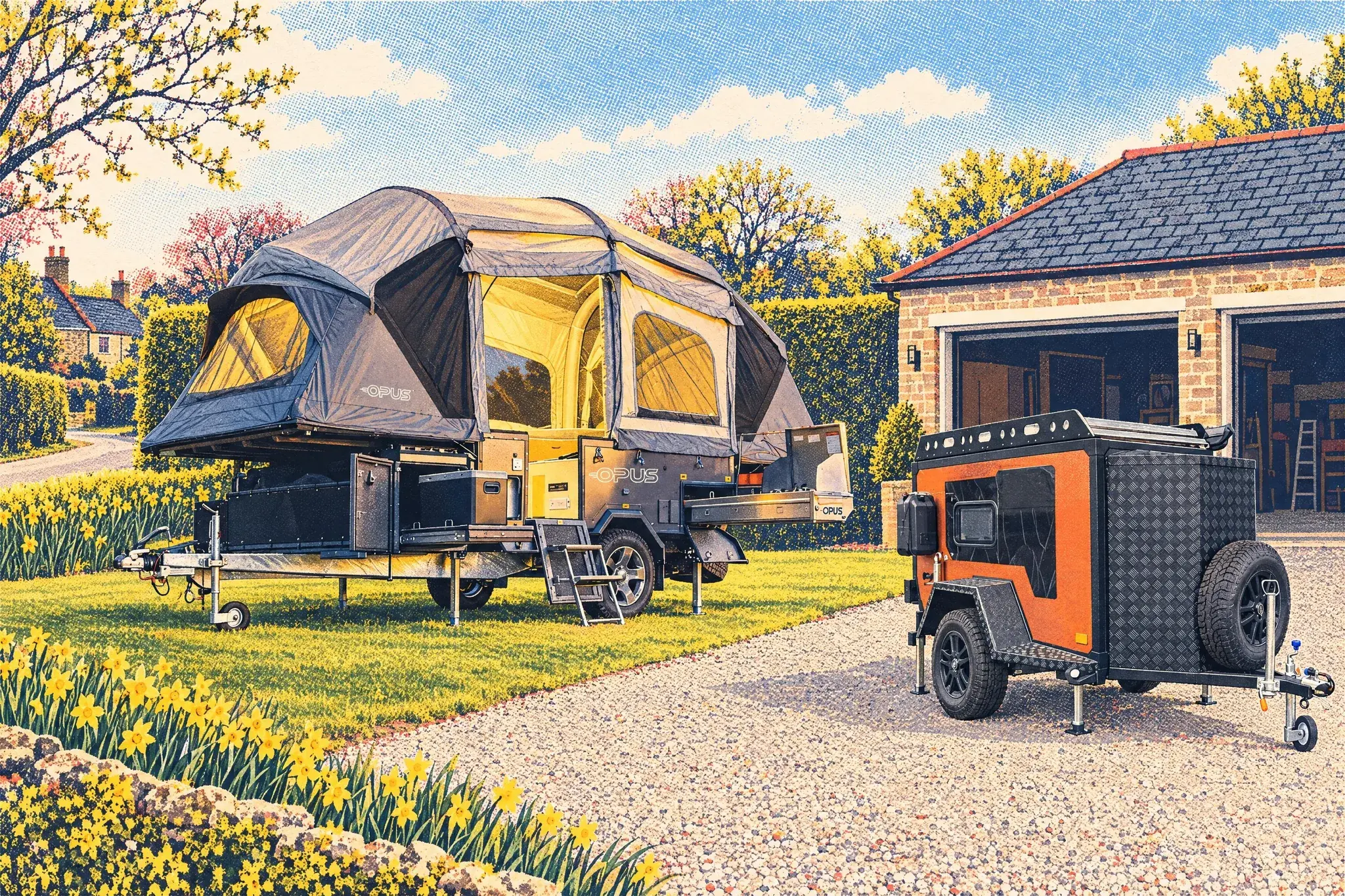 A hard-shell PenPod off-road pod on a gravel drive beside a pitched Air OPUS inflatable folding camper on the lawn, with daffodils and an open garage, on a breezy spring morning.