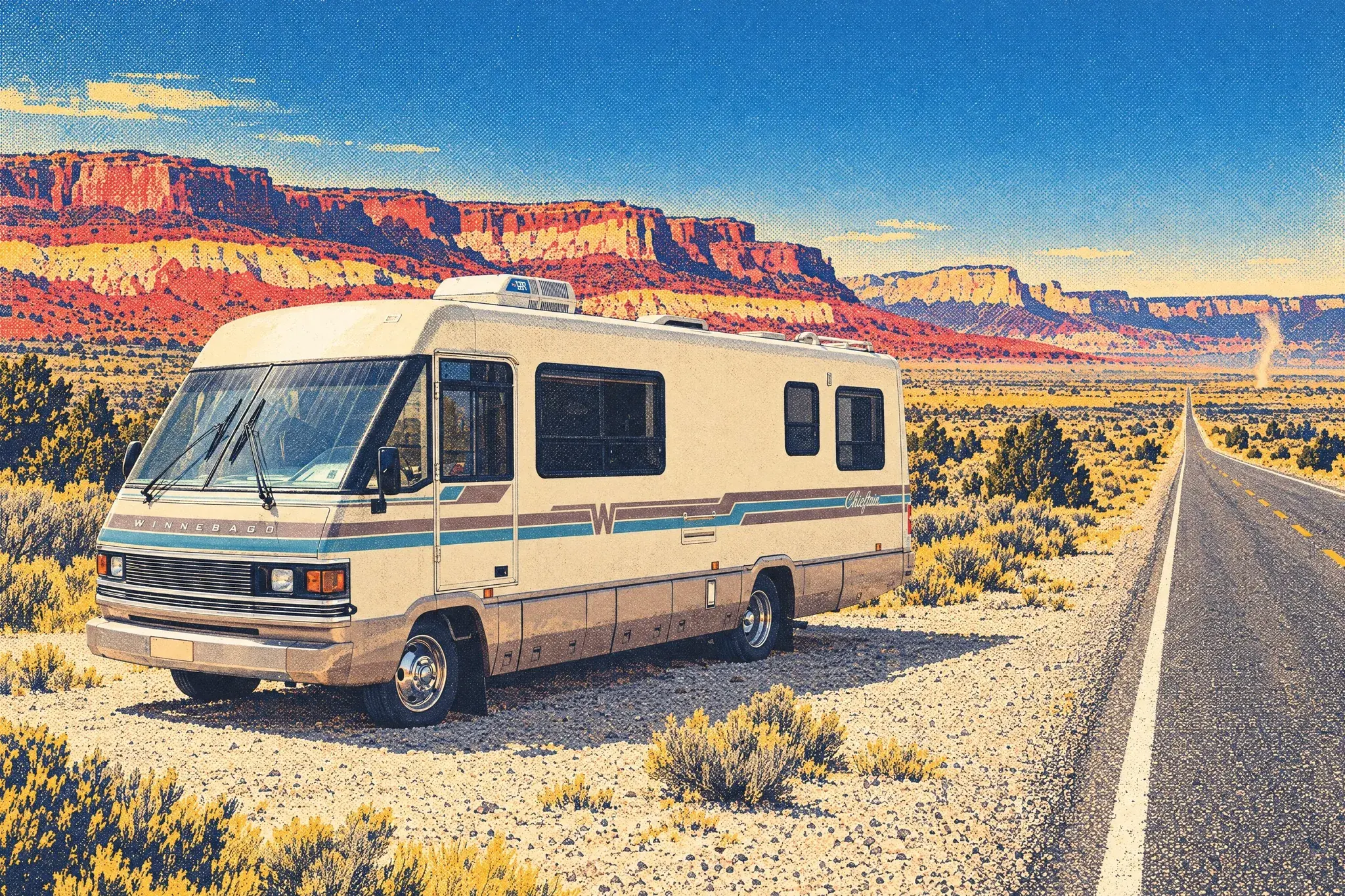 A late-1980s Winnebago Chieftain motorhome parked by a long, empty desert highway near Abiquiú, New Mexico, dwarfed by red-and-cream mesas under a cloudless sky.