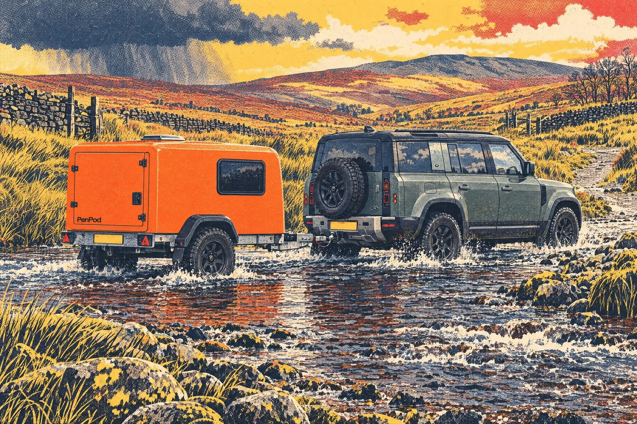 An orange PenPod off-road camping pod towed by a Land Rover Defender 110 through a stony moorland ford in the Forest of Bowland on a blustery March afternoon.
