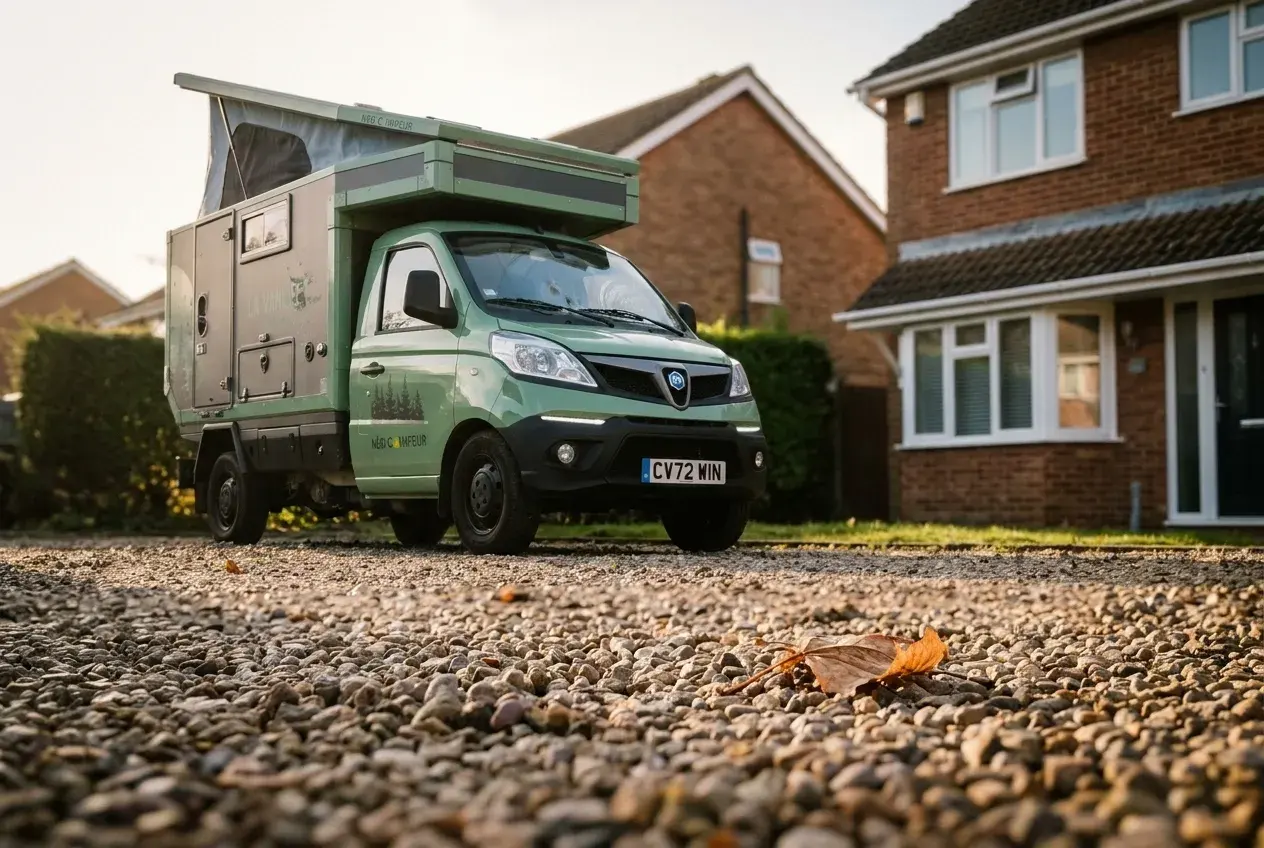 A compact modern Piaggio Néo Campeur camper van parked on a UK driveway in warm evening light, showing its short overall length.