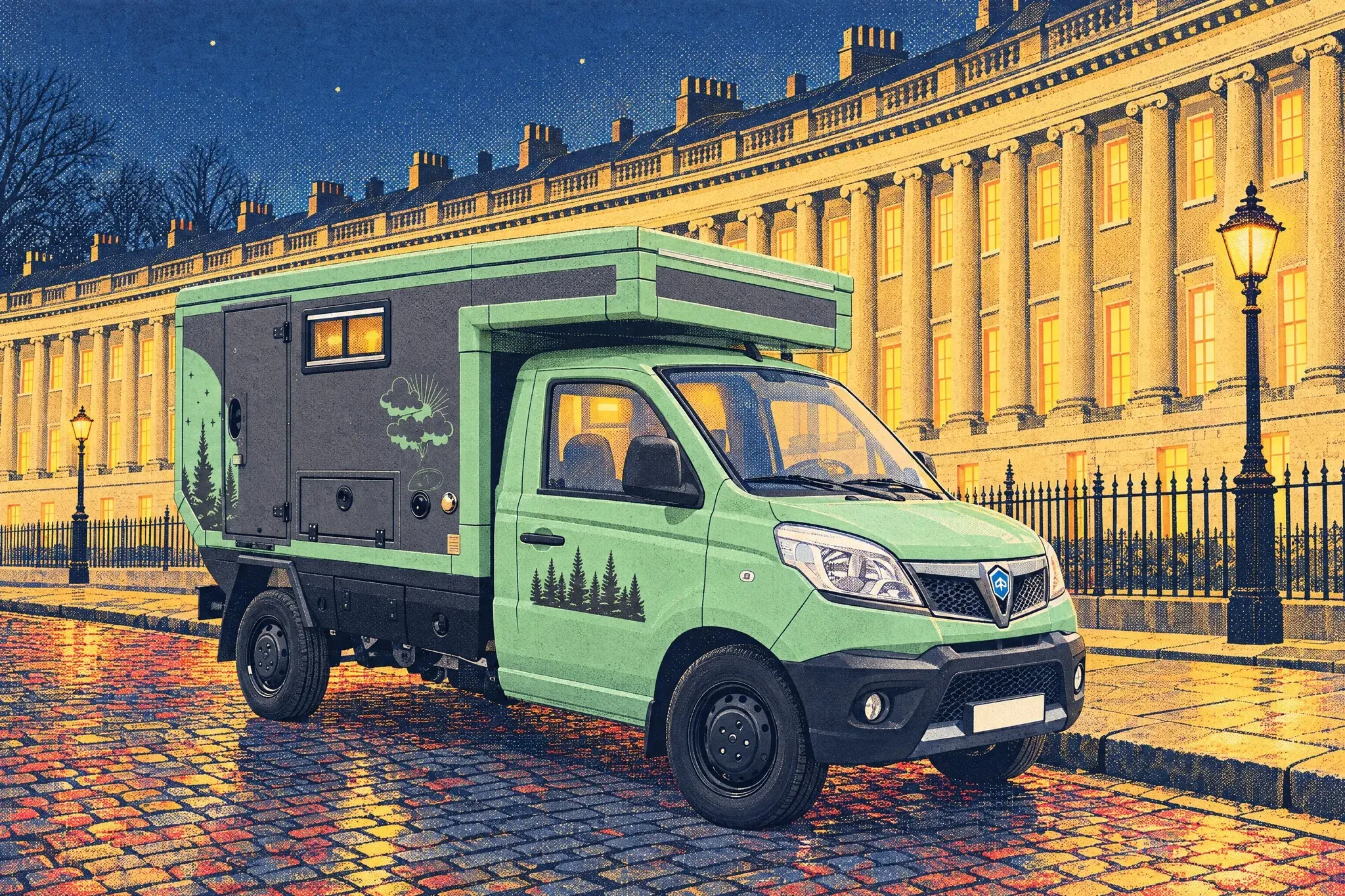 Illustration of the compact Piaggio Néo Campeur in a car-sized kerbside space on the cobbled road before Bath's lamplit Royal Crescent at a cold, clear December dusk.