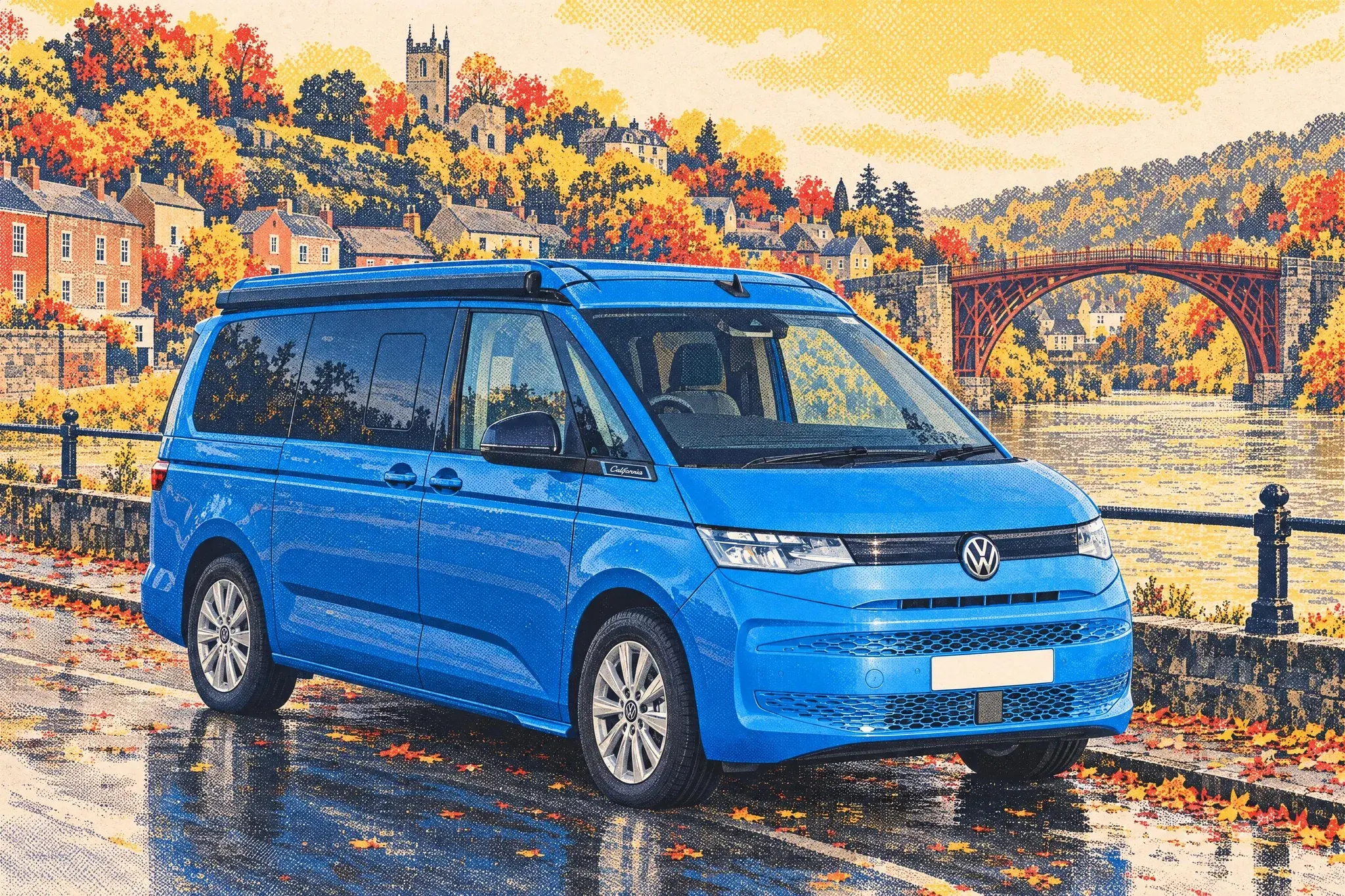 A Volkswagen California Ocean eHybrid campervan with its pop-top lowered, parked by the River Severn at Ironbridge in autumn, the red-brown Iron Bridge arch behind.
