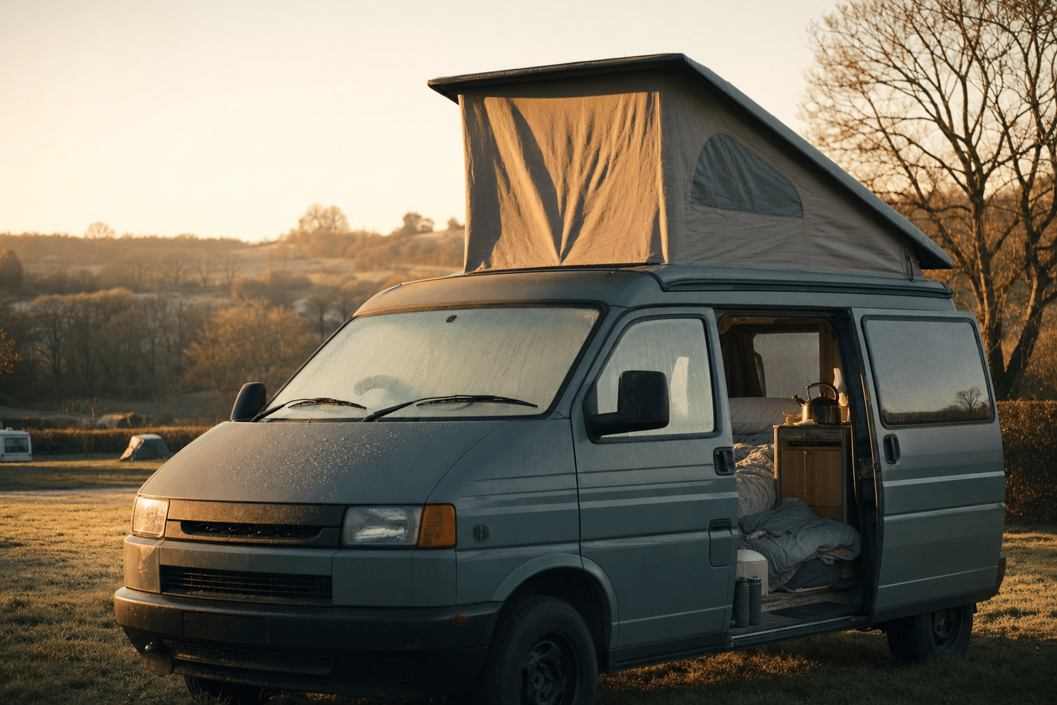 A campervan parked on a grassy UK campsite at golden hour with its pop-top roof raised and side door open.