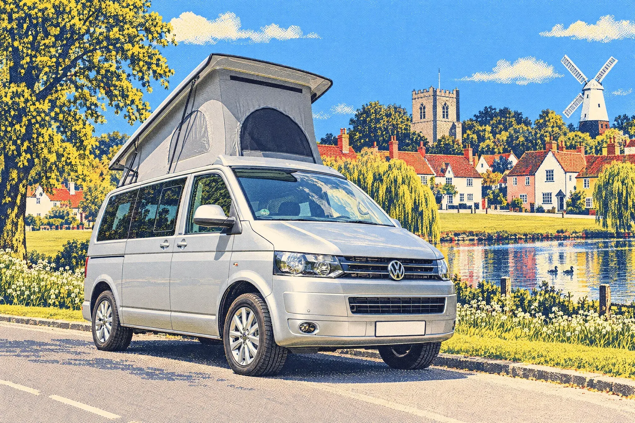 A VW Transporter T6.1 campervan with its front-elevating pop-top raised, parked beside the sunny village green and duck pond at Finchingfield, Essex.