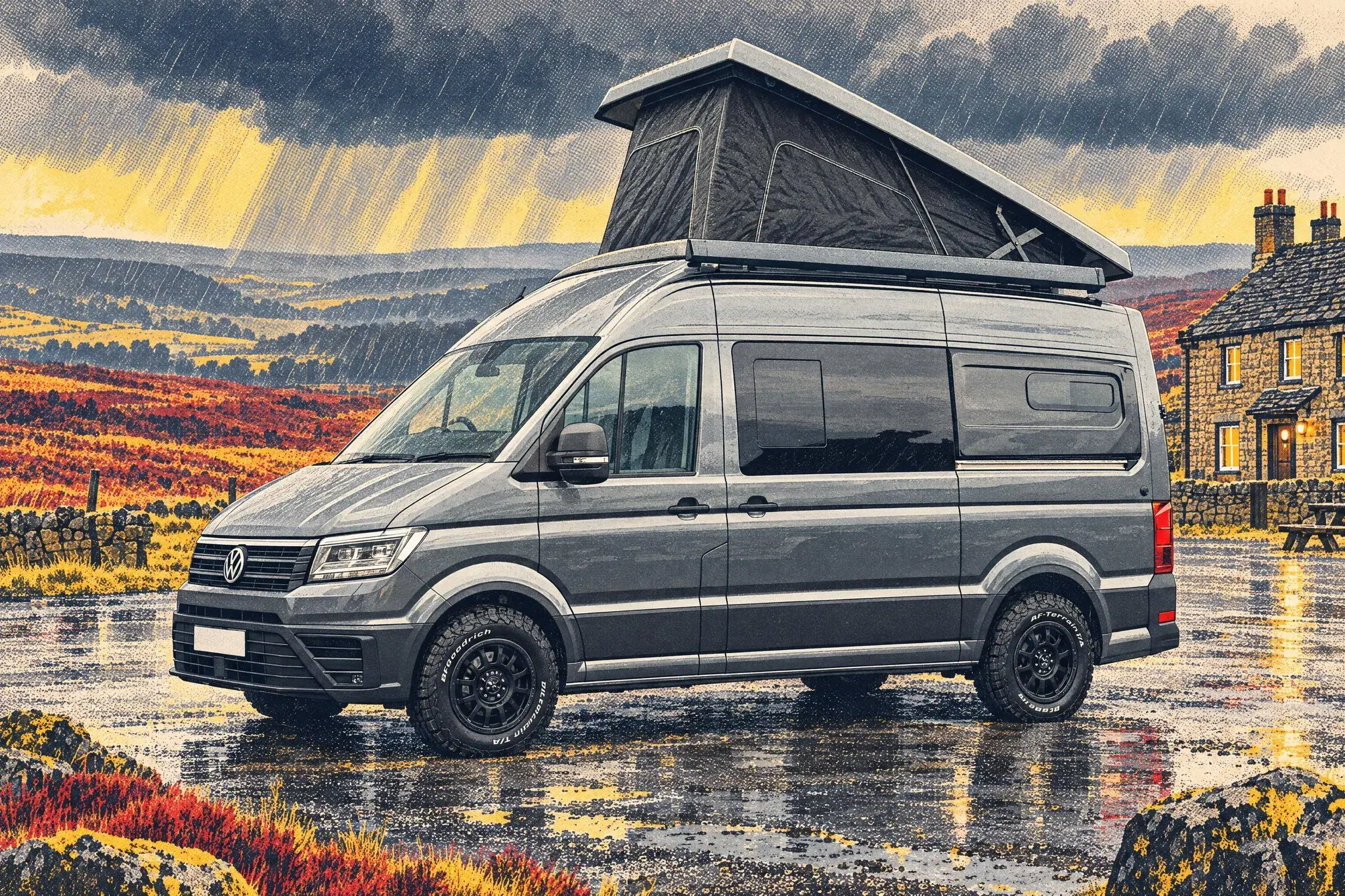 A VW Crafter campervan with its pop-top raised and canvas taut in a gale stands alone in the Lion Inn car park on rain-swept Blakey Ridge, North York Moors.