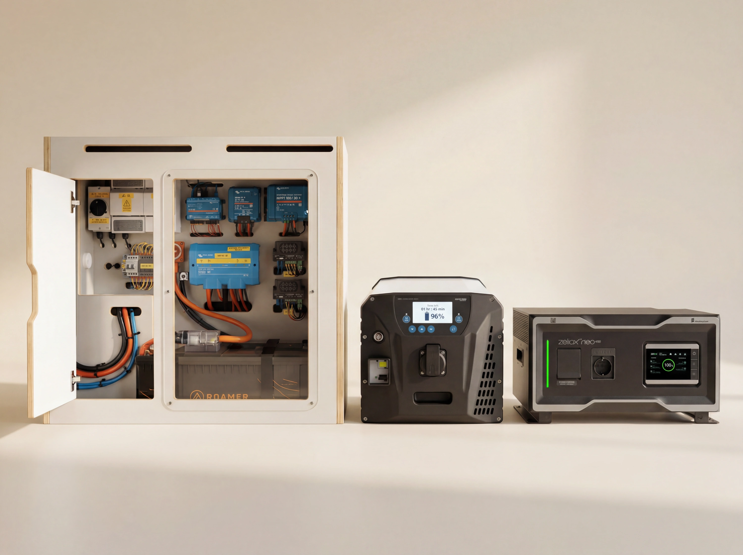 Three power system units displayed side by side: modular electrical cabinet with blue Victron components, portable black power station with digital display showing 96%, and compact black generator unit with touchscreen control panel.
