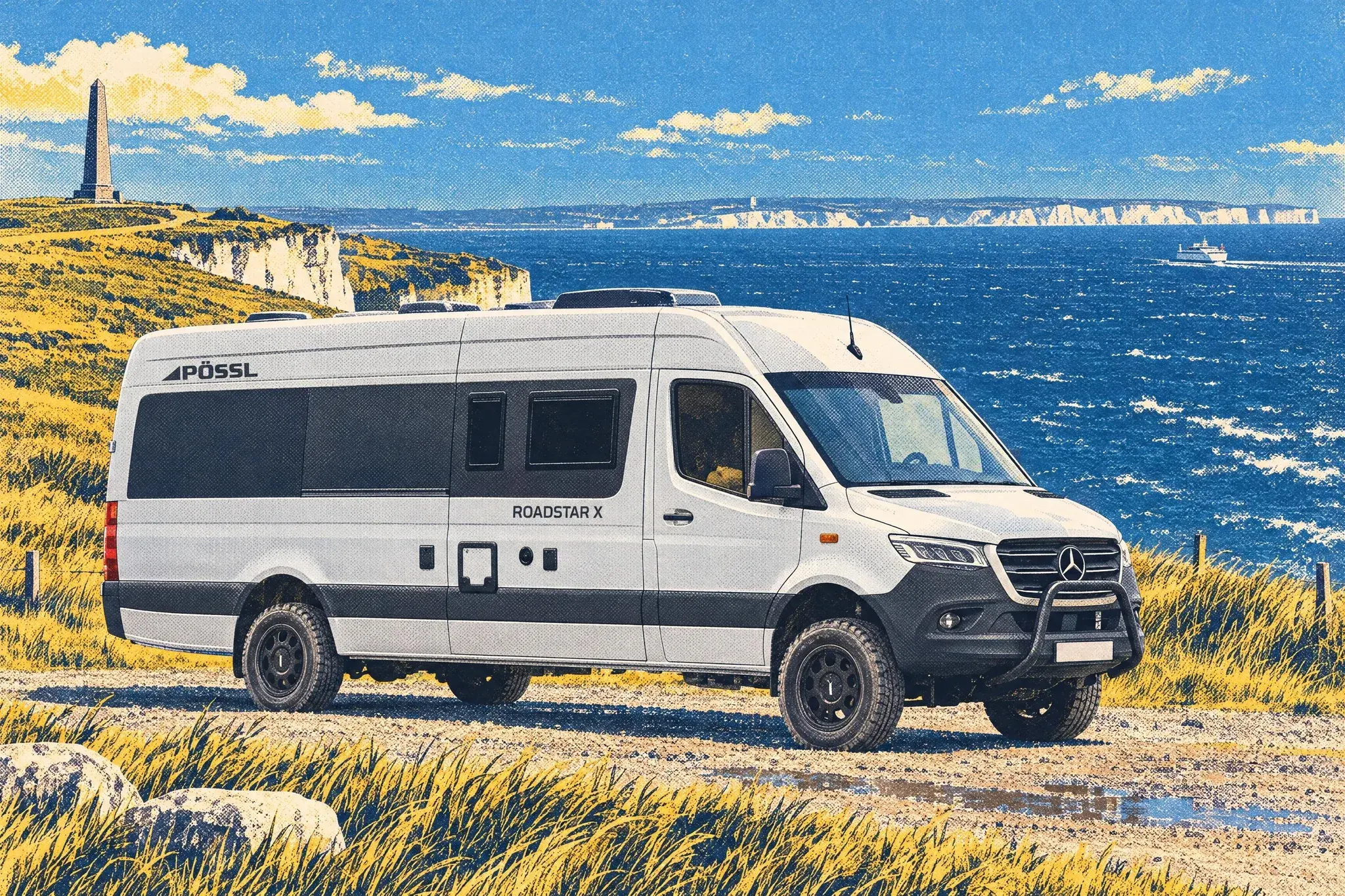 A left-hand-drive Pössl Roadstar XL EVO Sprinter 4x4 camper van on the clifftop at Cap Blanc-Nez, France, the white cliffs of Dover faint across the Channel.