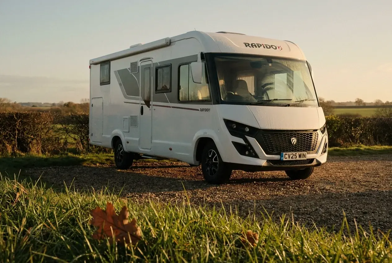 A modern white Rapido A-class motorhome parked on a quiet gravel pitch in low golden evening light, with dewy grass in the foreground.