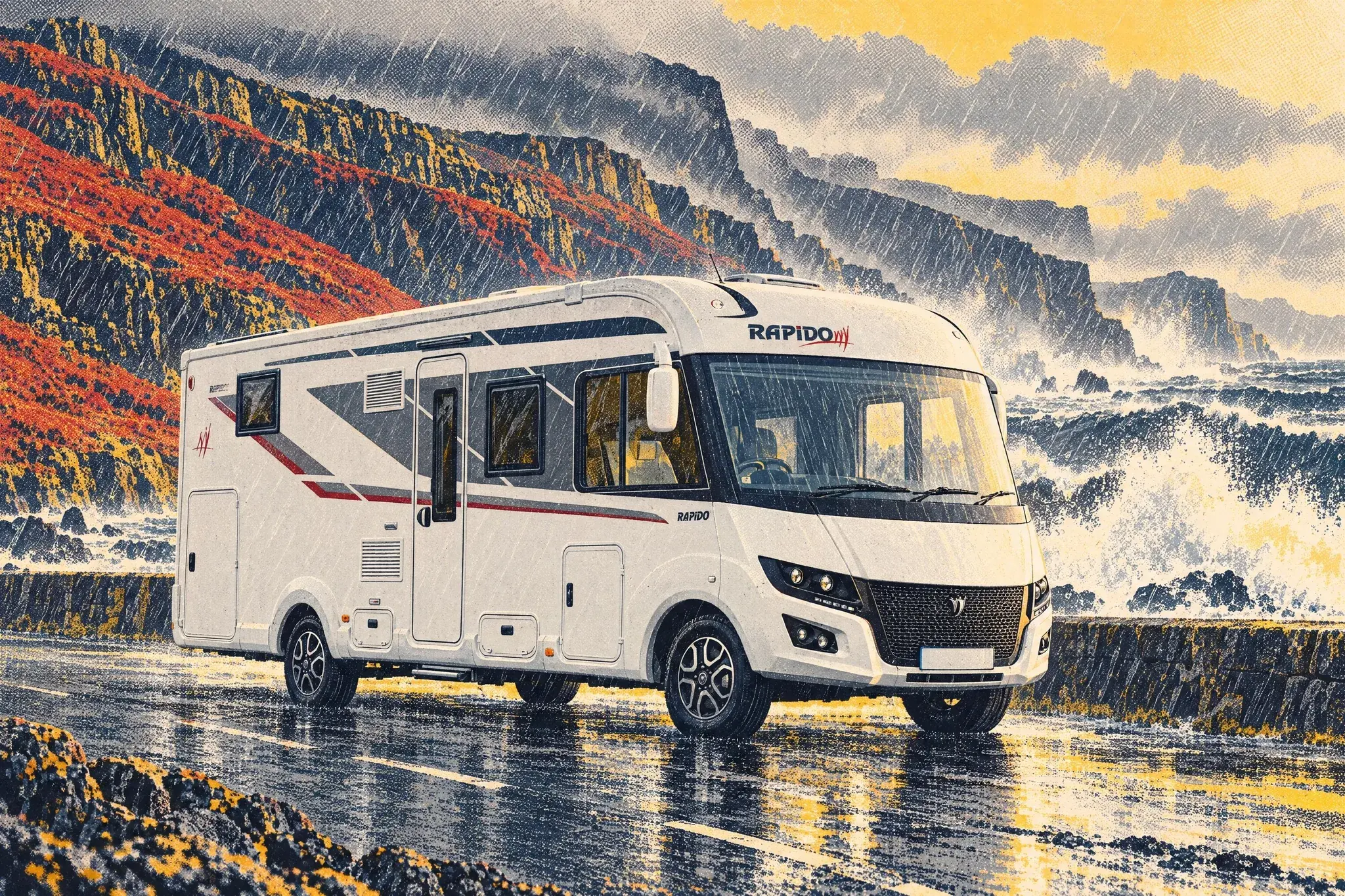 A Rapido 8096dF A-class motorhome in a lay-by beneath dark cliffs on the Antrim Coast Road, rain streaming down its windscreen as spray blows over the sea wall.