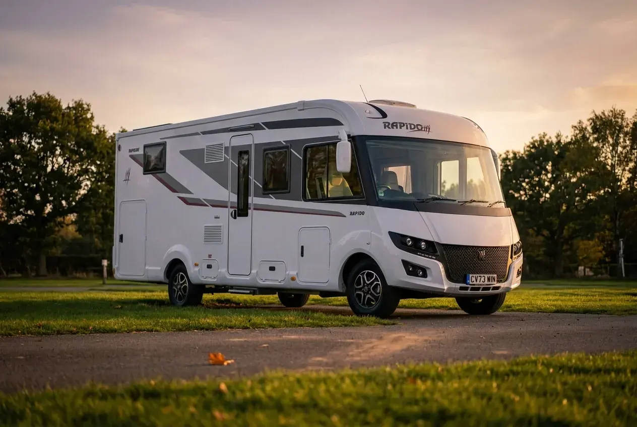 A large modern white A-class motorhome parked on a quiet grassy UK campsite pitch in warm golden-hour light.