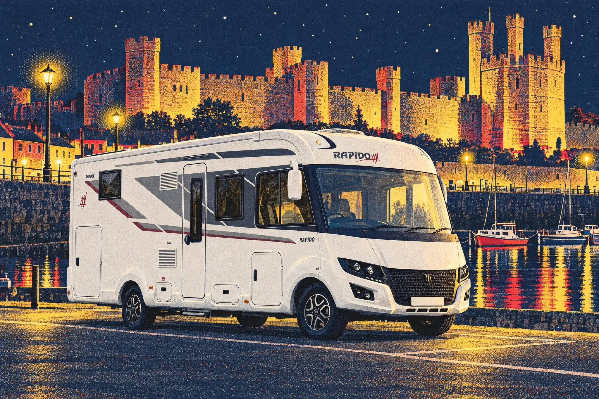 A large Rapido 8096dF A-class motorhome parked alone on Slate Quay in Caernarfon at night, beside moored boats below the floodlit castle walls.