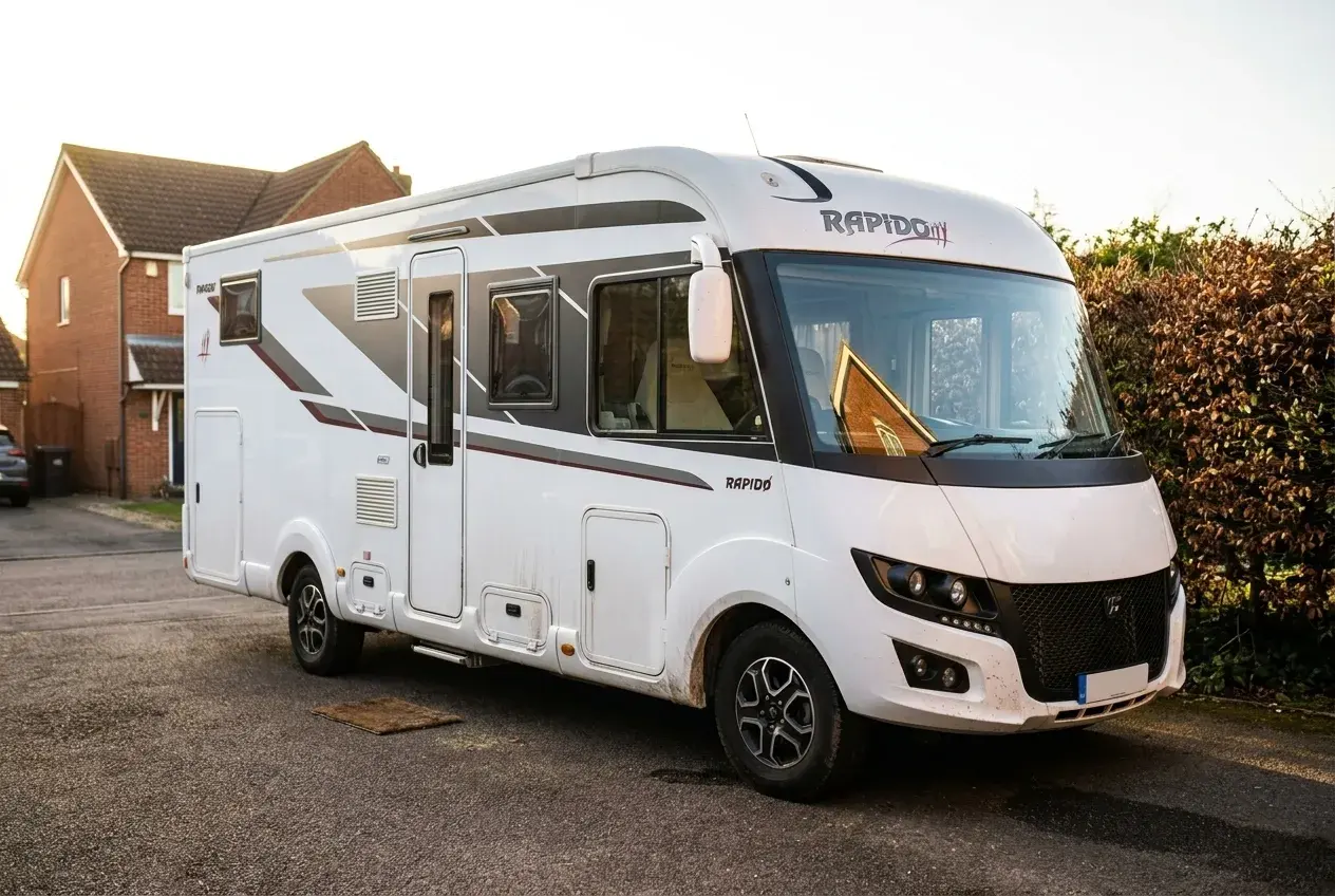 A large French A-class motorhome with a panoramic windscreen parked on a British driveway in warm evening light.