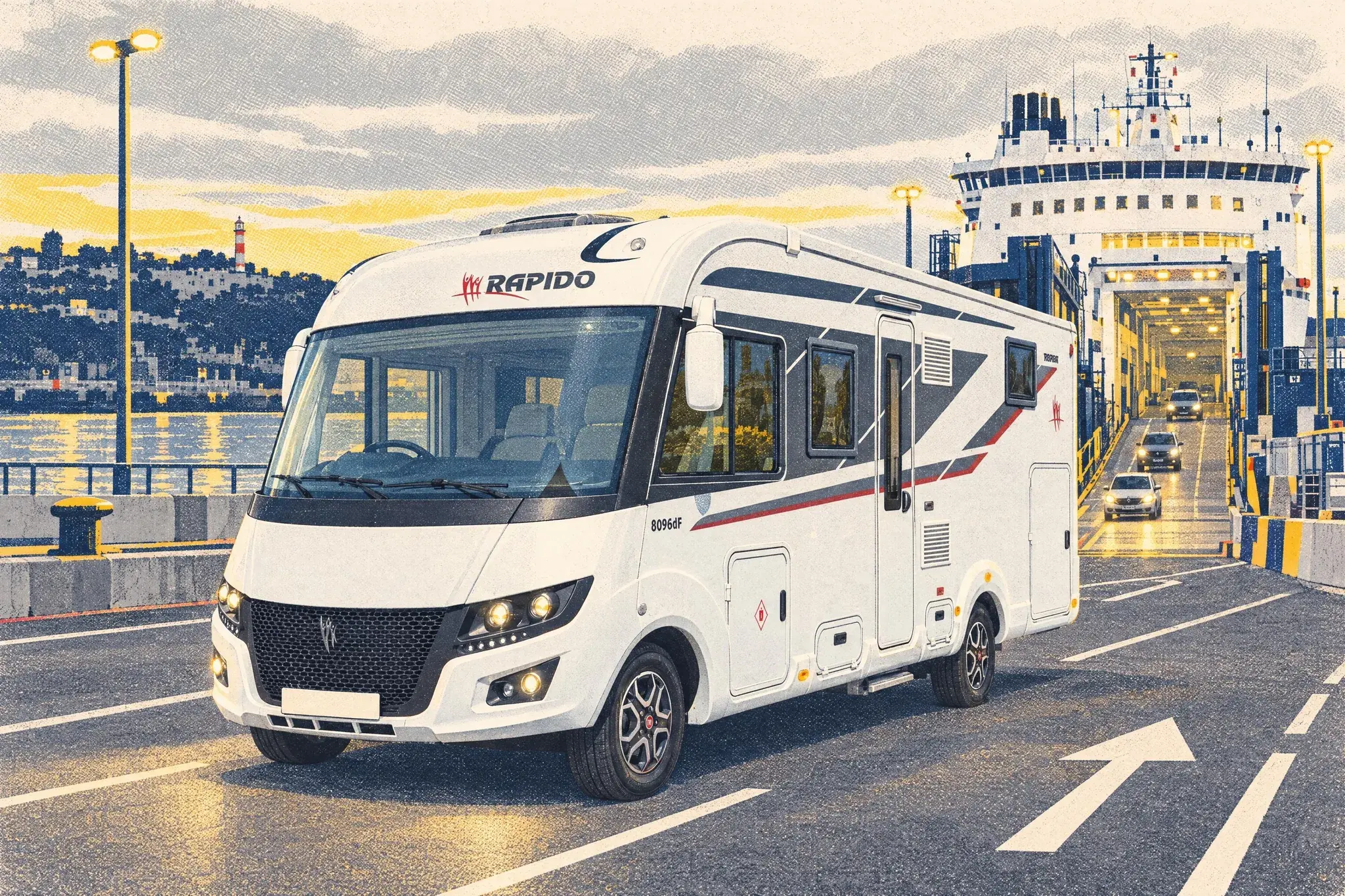 A Rapido 8096dF A-class motorhome in the arrival lanes at Millbay ferry port, Plymouth, on a grey June evening, with the ferry from Roscoff moored behind.