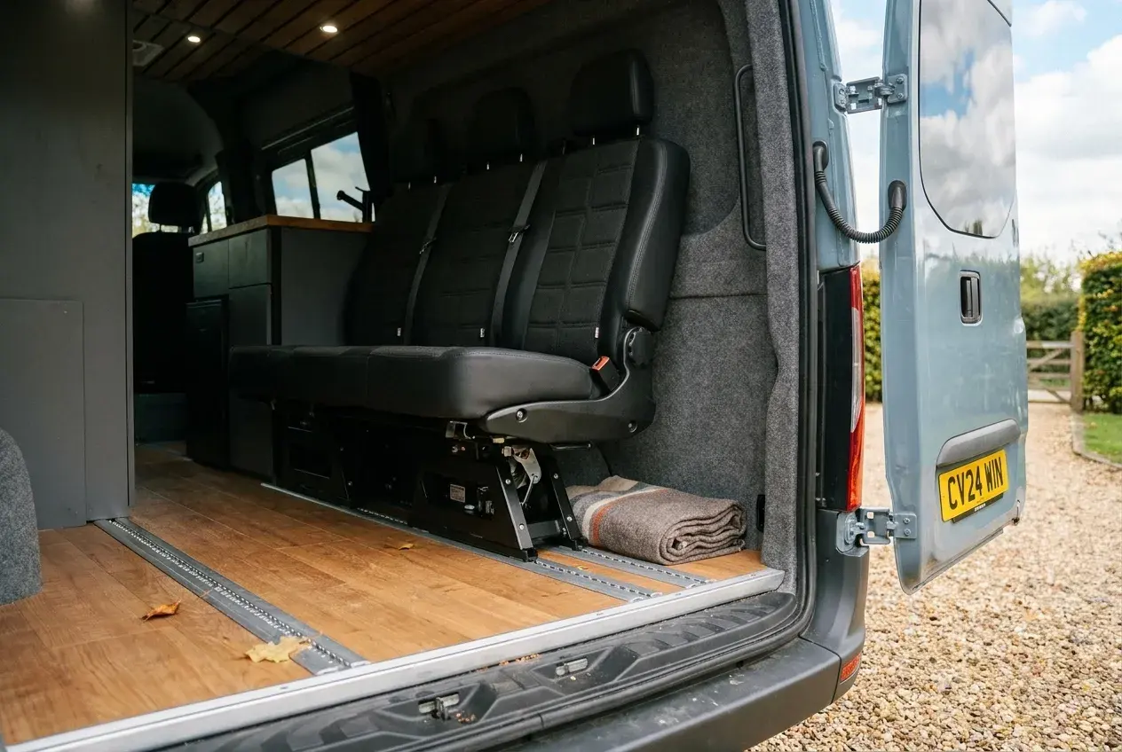 Interior of a modern campervan showing rear seats mounted on aluminium floor tracks, with one seat lifted to reveal the locking rail, lit by daylight through open rear doors.