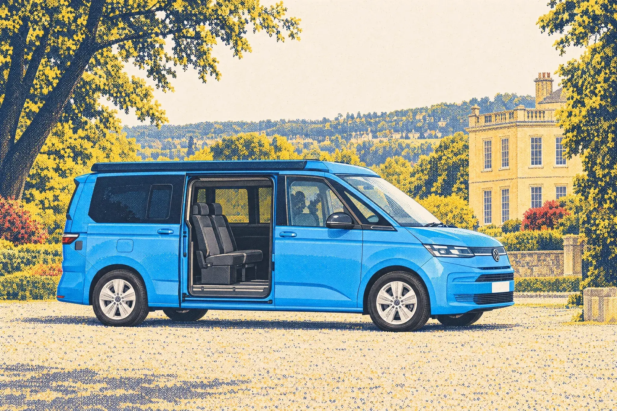 Illustration of a Volkswagen California Ocean side-on in a gravel car park near Bath, its sliding door open on rear seats locked to floor rails, a Georgian manor behind.