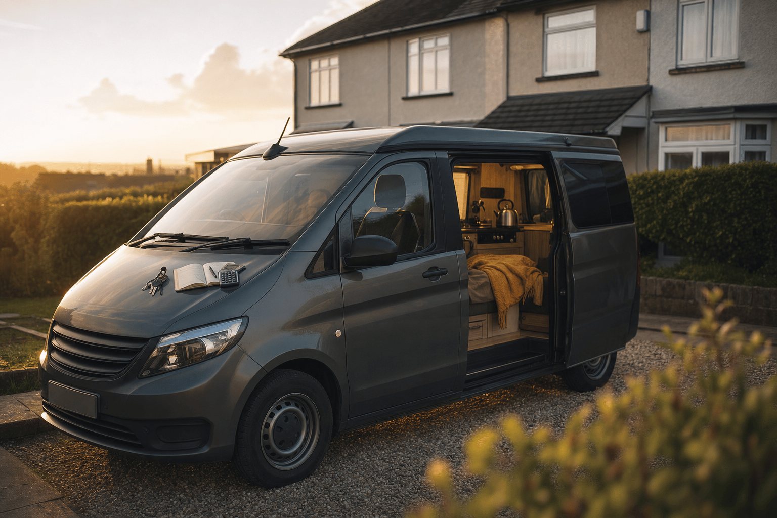 A campervan parked on a home driveway at golden hour with its side door open, keys and a notebook resting on the bonnet.