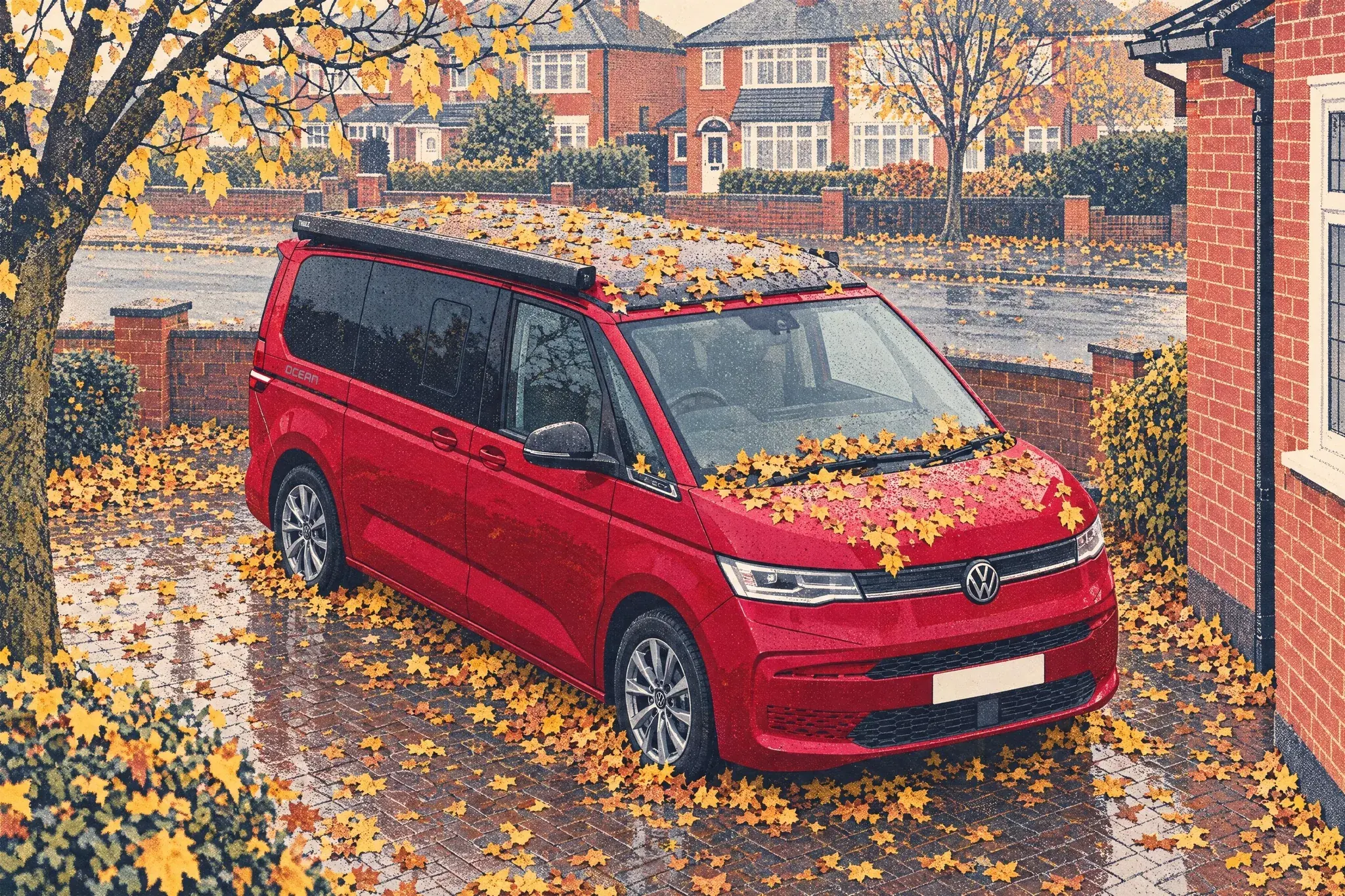 A VW California Ocean campervan sits idle on a rain-wet block-paved driveway beside a semi-detached house, autumn leaves on its roof and bonnet, seen from above.