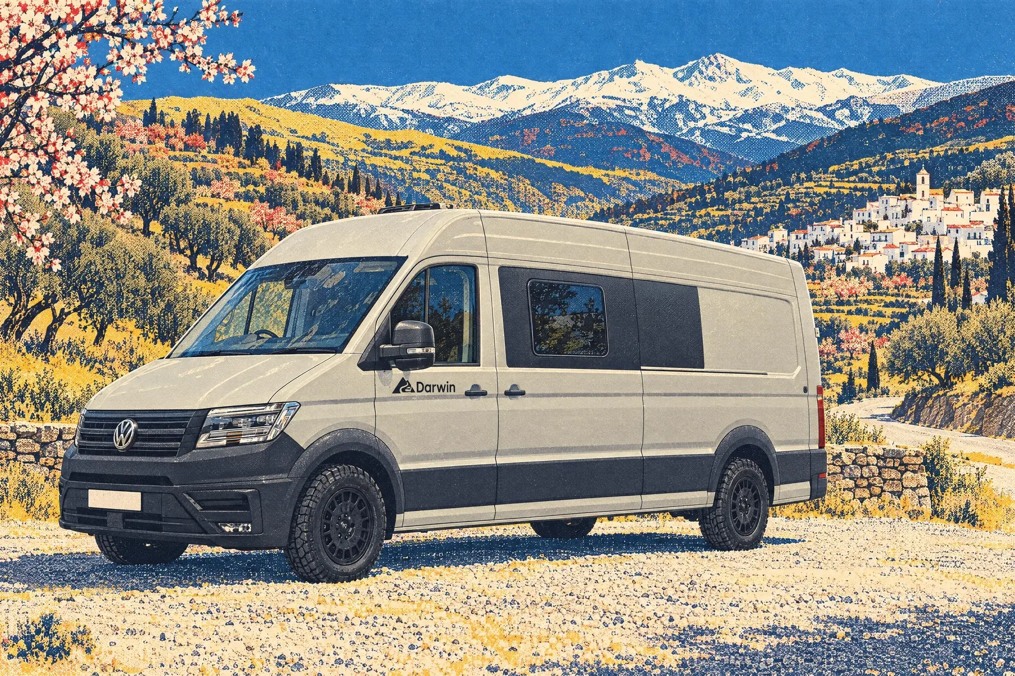 Illustration of a Rolling Homes Darwin VW Crafter campervan on a gravel pull-in among almond blossom in Spain's Alpujarras, with a white village and the snowy Sierra Nevada beyond.