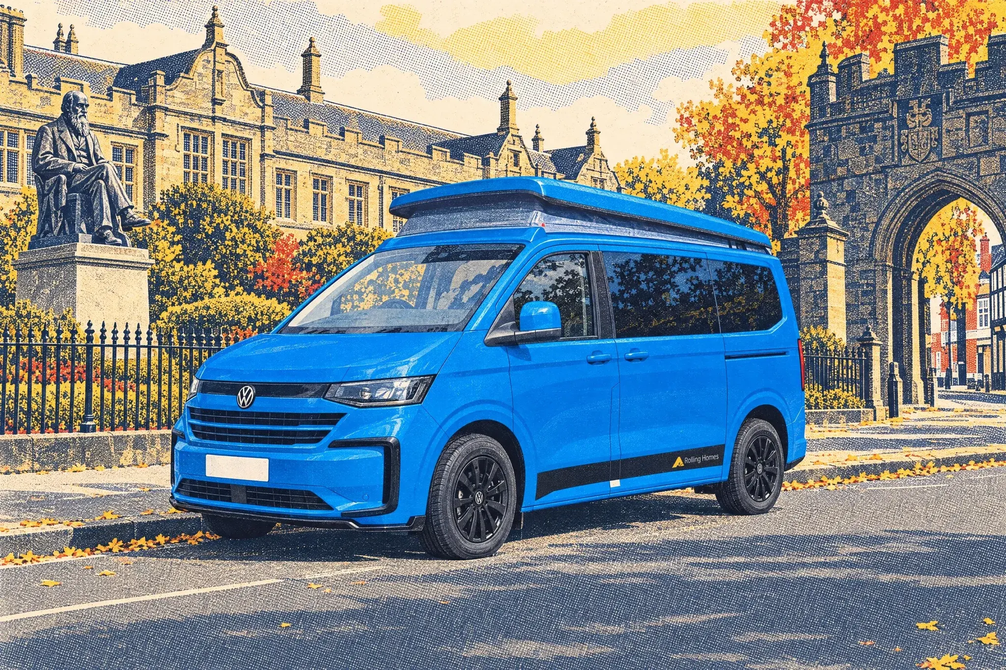 A Rolling Homes Columbus campervan on a VW Transporter T7 parked on a quiet Shrewsbury street, with the seated Darwin statue and old stone library behind.