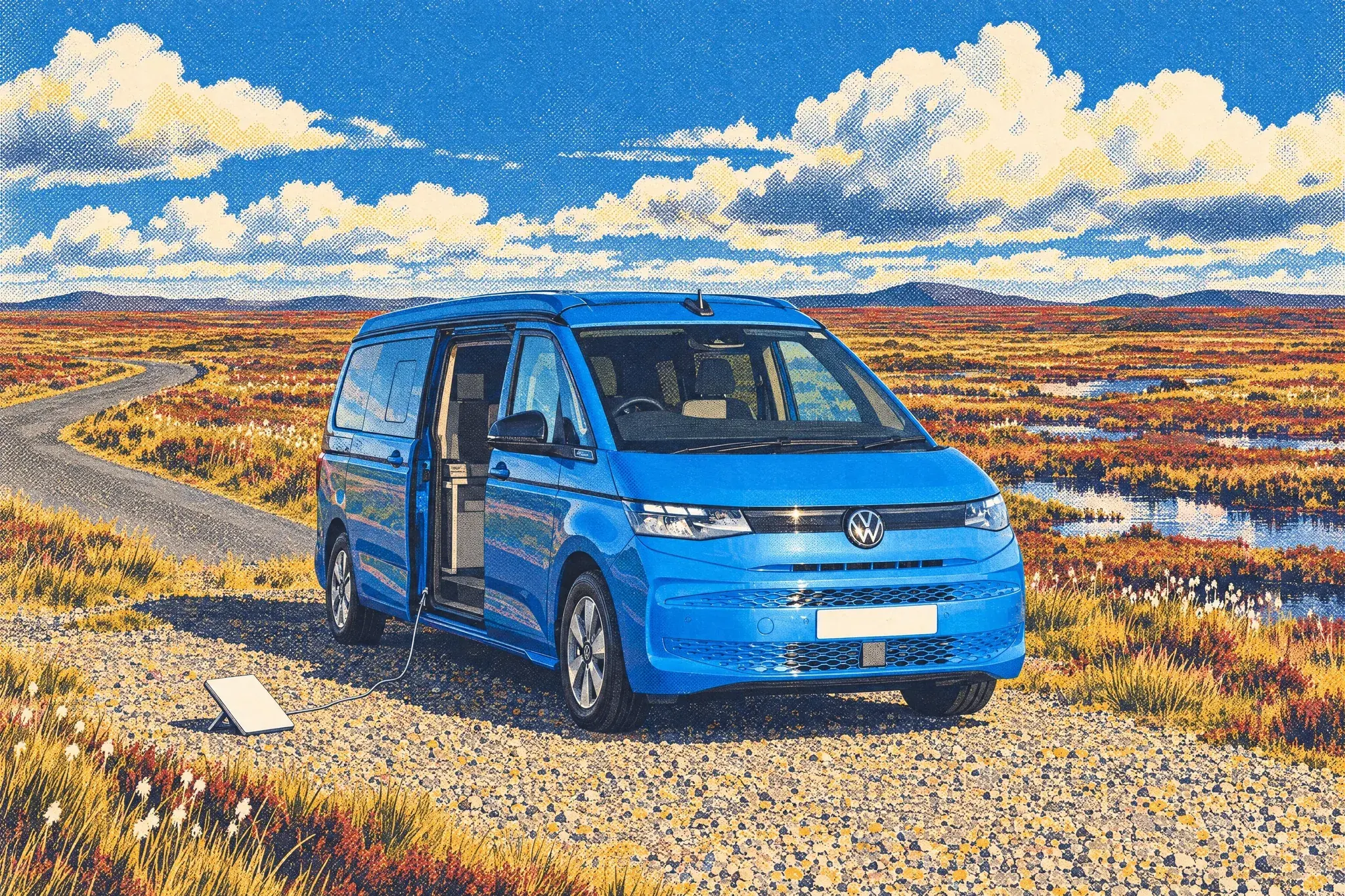 Illustration of a VW California campervan in the vast Flow Country bog under a huge sky, a Starlink Mini dish on the gravel beside it, cable running in through the open side door.