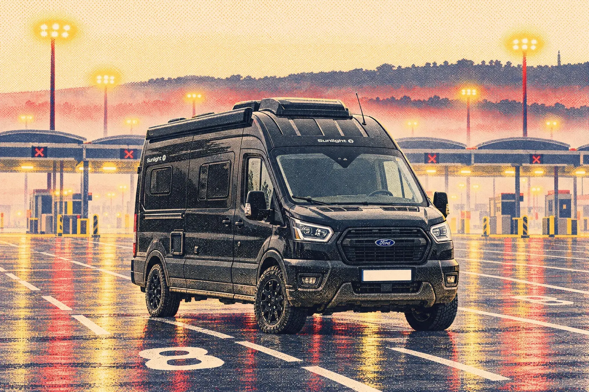 A Sunlight Cliff 590 4x4 campervan on a Ford Transit waits alone in a foggy dawn boarding lane at the Eurotunnel terminal in Folkestone, floodlights still glowing.