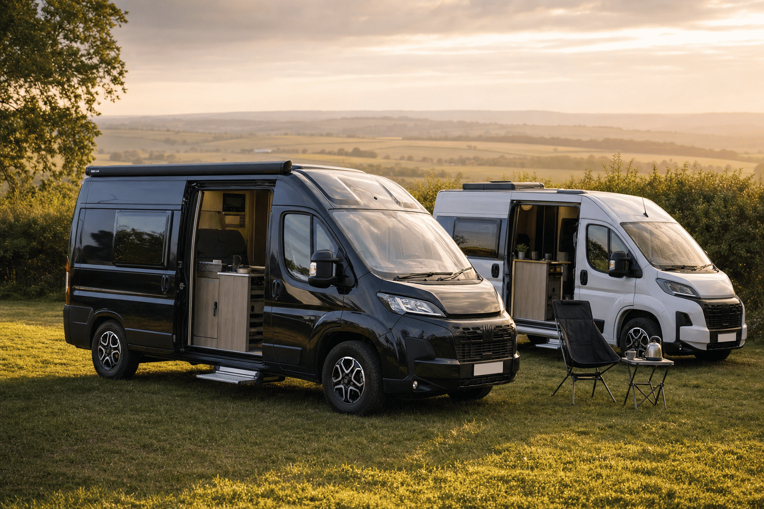 Two compact white campervans parked side by side on a grassy UK campsite pitch at golden hour with their side doors open.