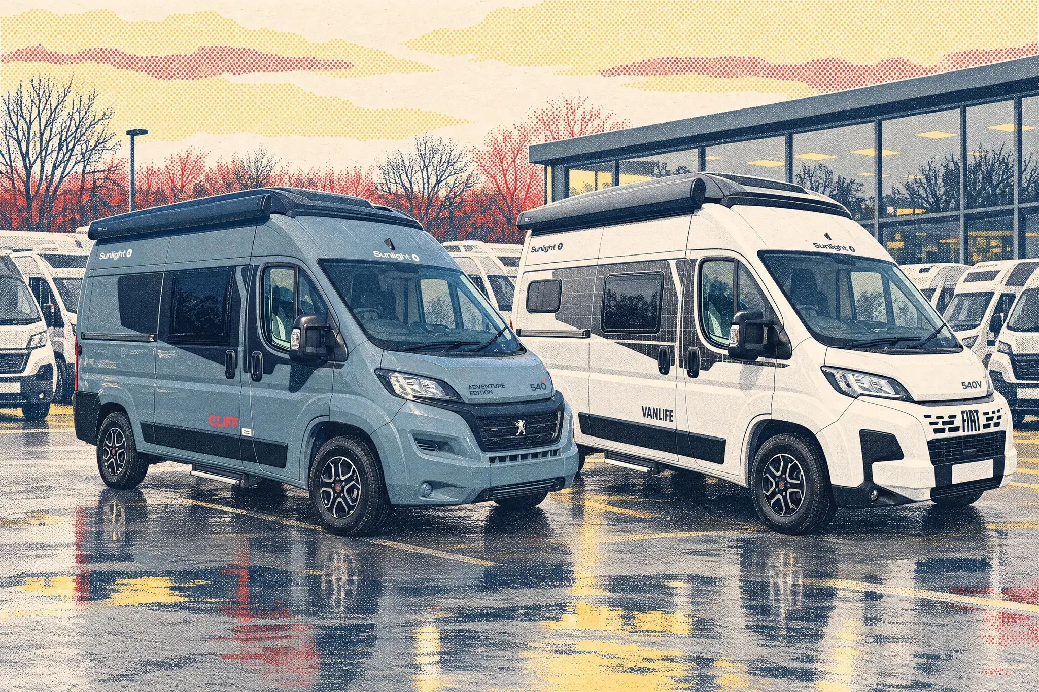 Illustration of a Sunlight Cliff 540 and a taller pop-top Sunlight Vanlife 540 V parked side by side on a damp dealer forecourt under grey March skies.