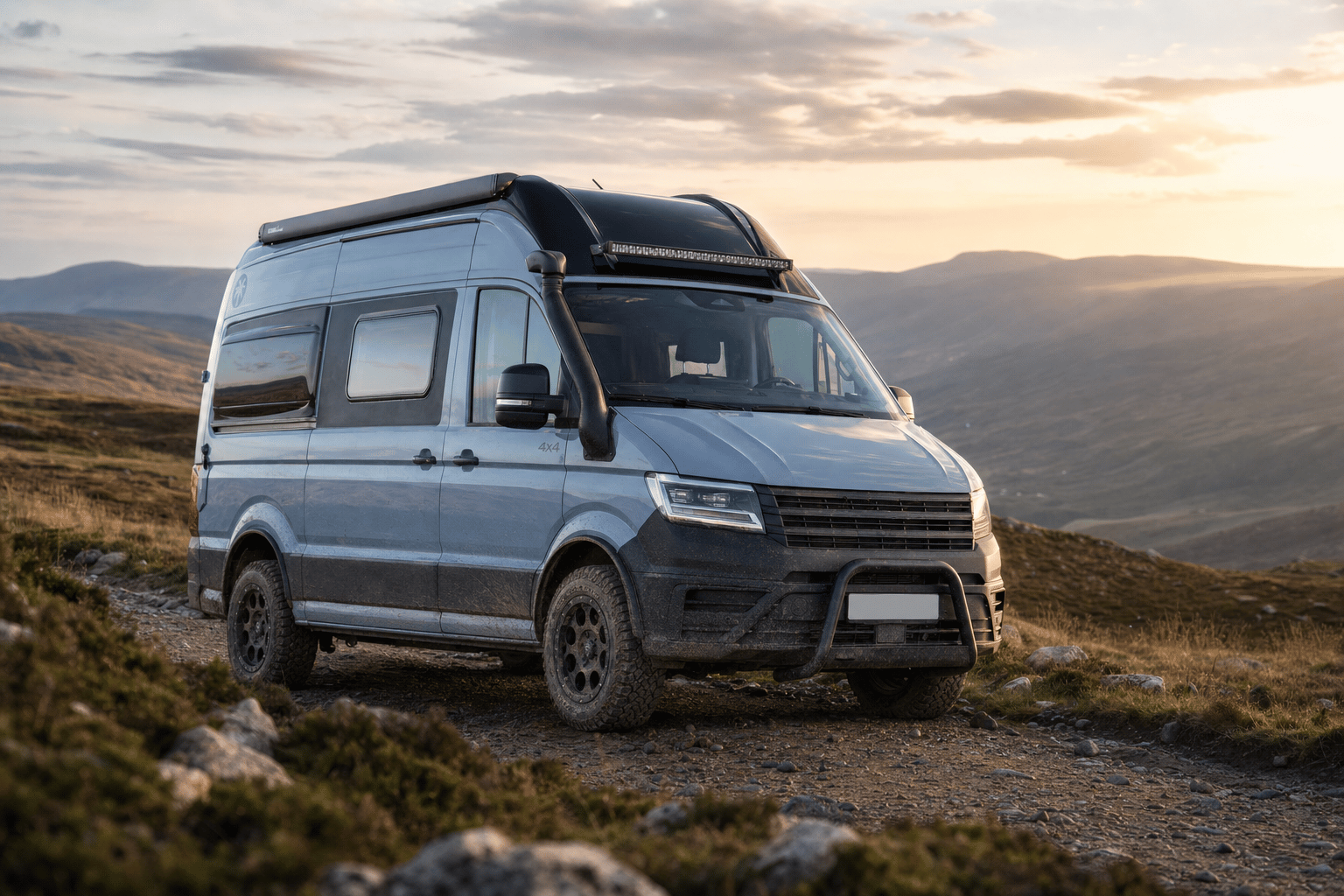 A rugged 4x4 campervan built on a VW Crafter parked on a remote Highland track at golden hour with moorland and hills behind.
