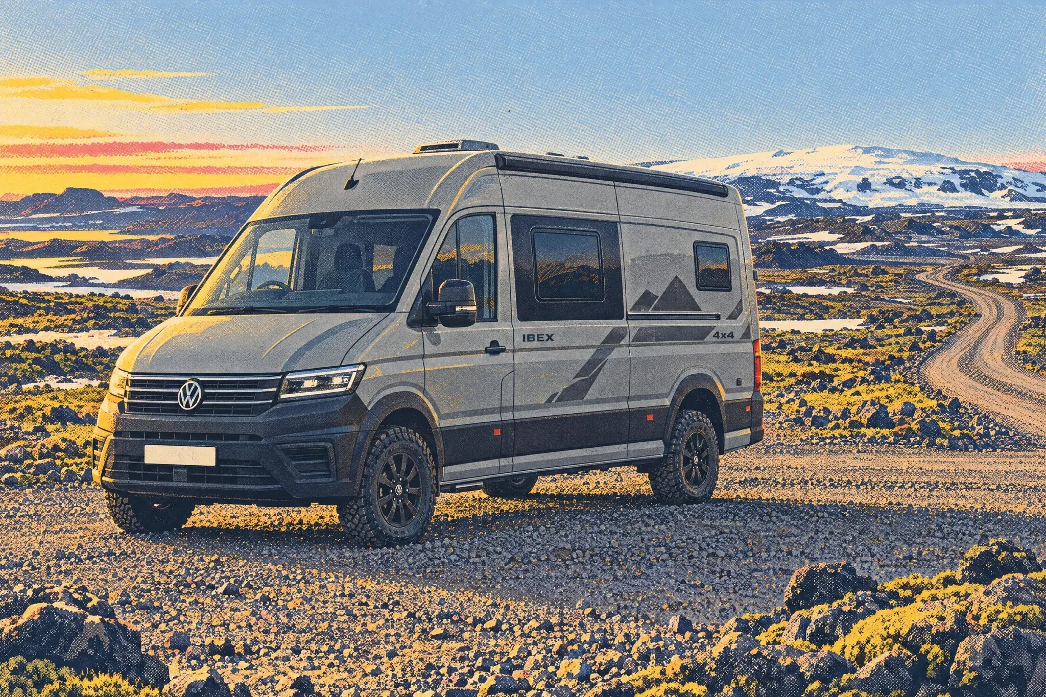 Illustration of a Sunlight Ibex 4x4 campervan on a VW Crafter, parked by a gravel highland road in Iceland in low late-night sun, with a glacier on the skyline.