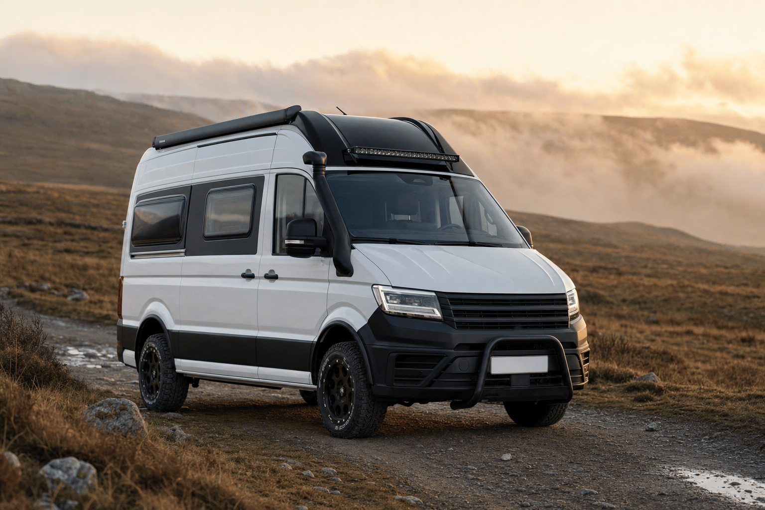 A white VW Crafter four-wheel-drive campervan with off-road tyres parked on a rough moorland track at golden hour, hills in the distance.