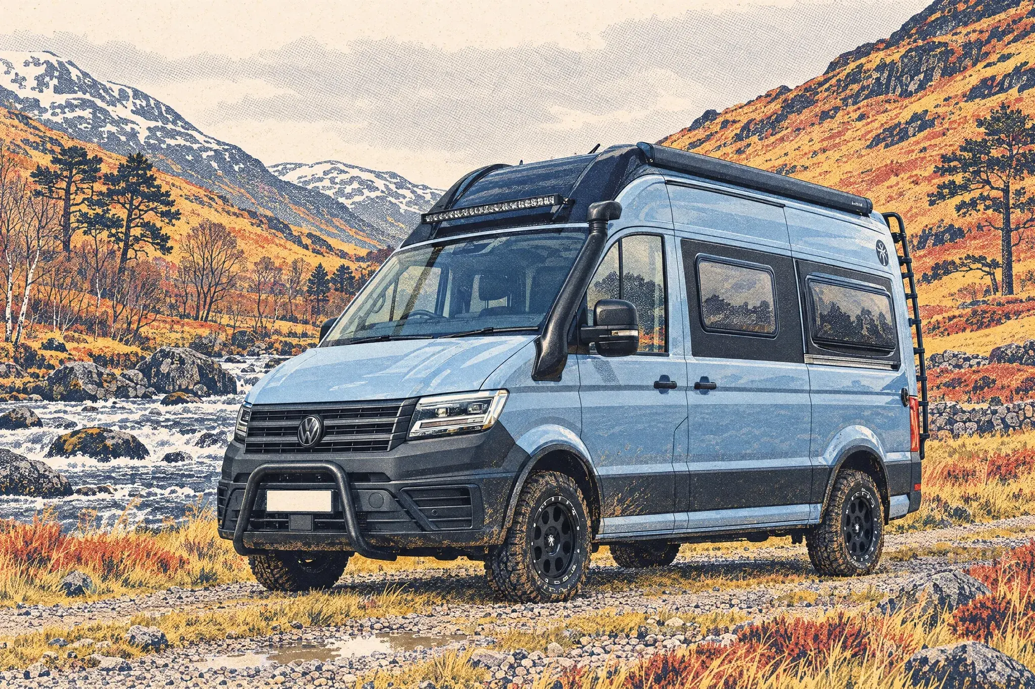 A Sunlight Ibex 4x4 camper on a VW Crafter, side-on on a stony estate track beside the fast River Lyon in Glen Lyon, snow on the hilltops under a grey April sky.