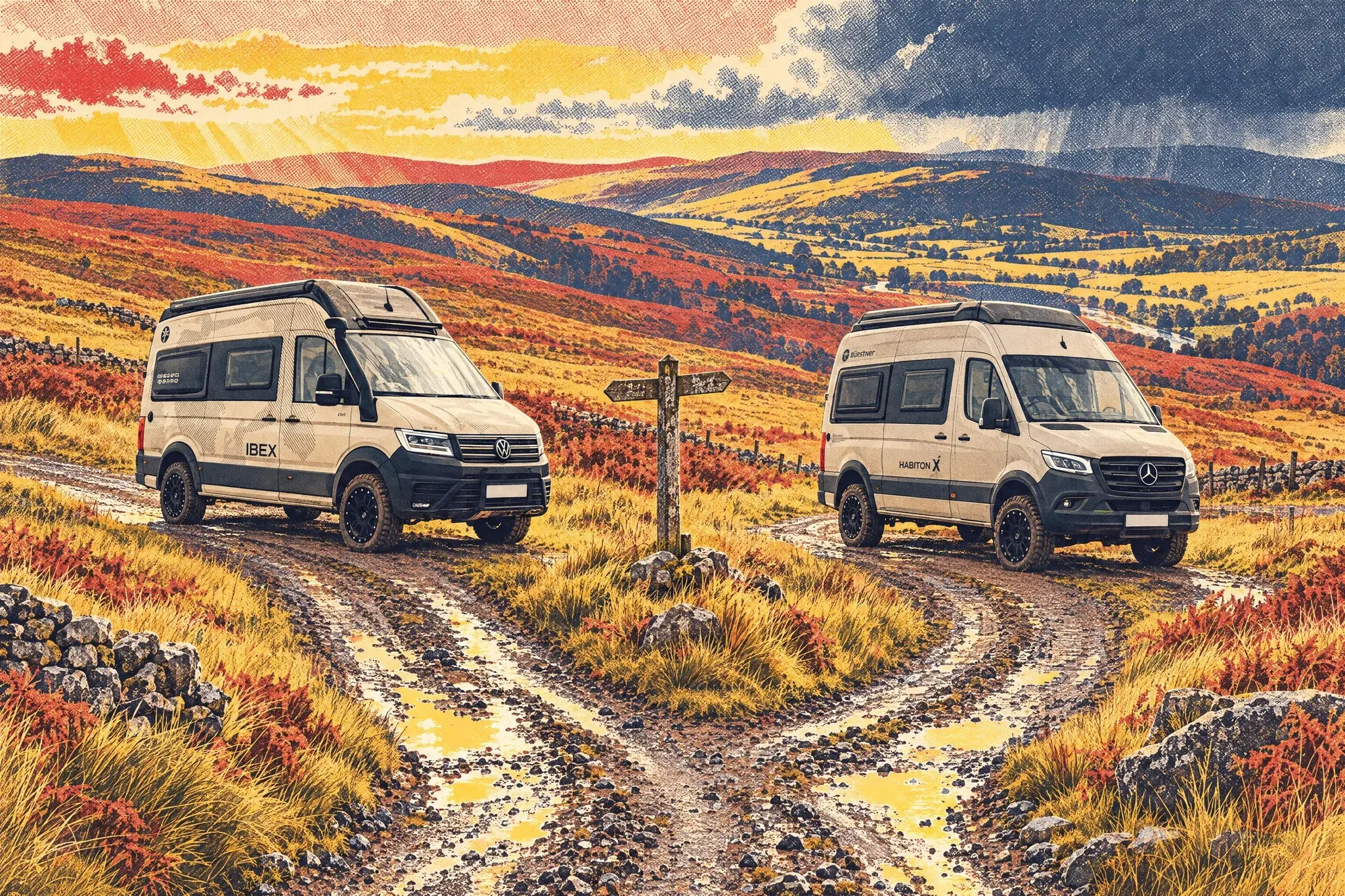 Two 4x4 campervans, a Sunlight Ibex and a Bürstner Habiton X, stopped on either branch of a stony byway fork by a wooden fingerpost in the Cheviot Hills on a showery autumn afternoon.