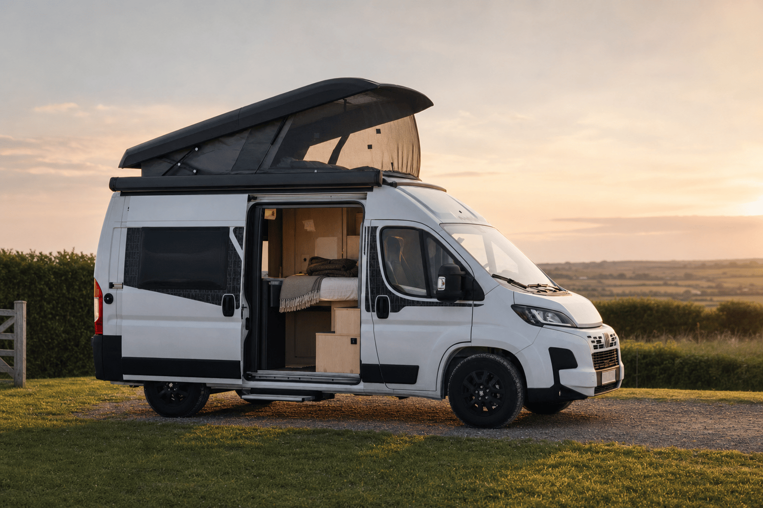 A small white coachbuilt campervan parked on a grassy UK campsite with its side door open, showing a made-up bed inside, in soft evening light.