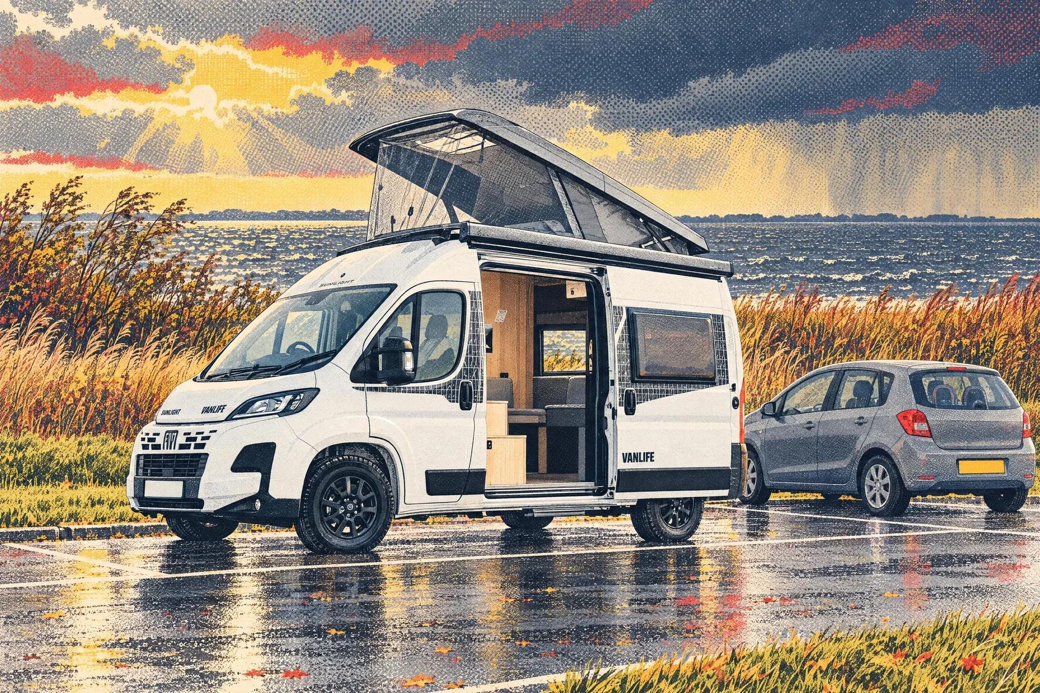 Illustration of a Sunlight Vanlife 540 V, pop-top up and sliding door open, beside a small family hatchback in a windswept autumn car park on the shore of Lough Neagh.