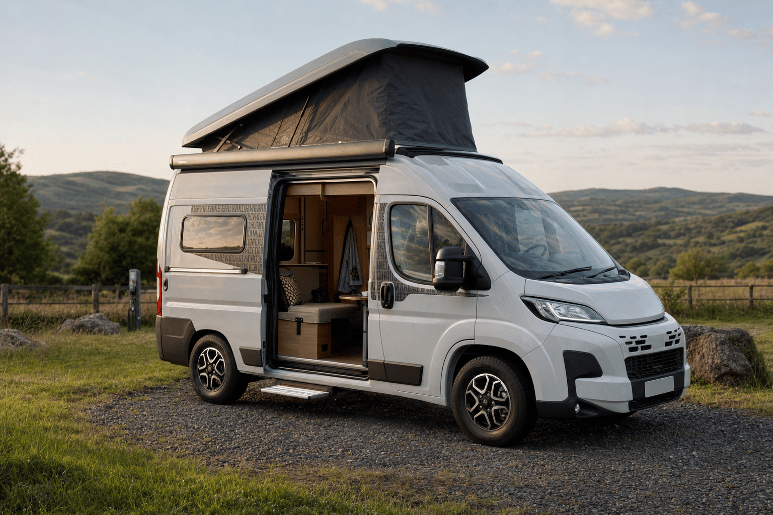 A compact Sunlight Vanlife 540 V campervan parked on a grassy UK campsite pitch at golden hour with its side door open.