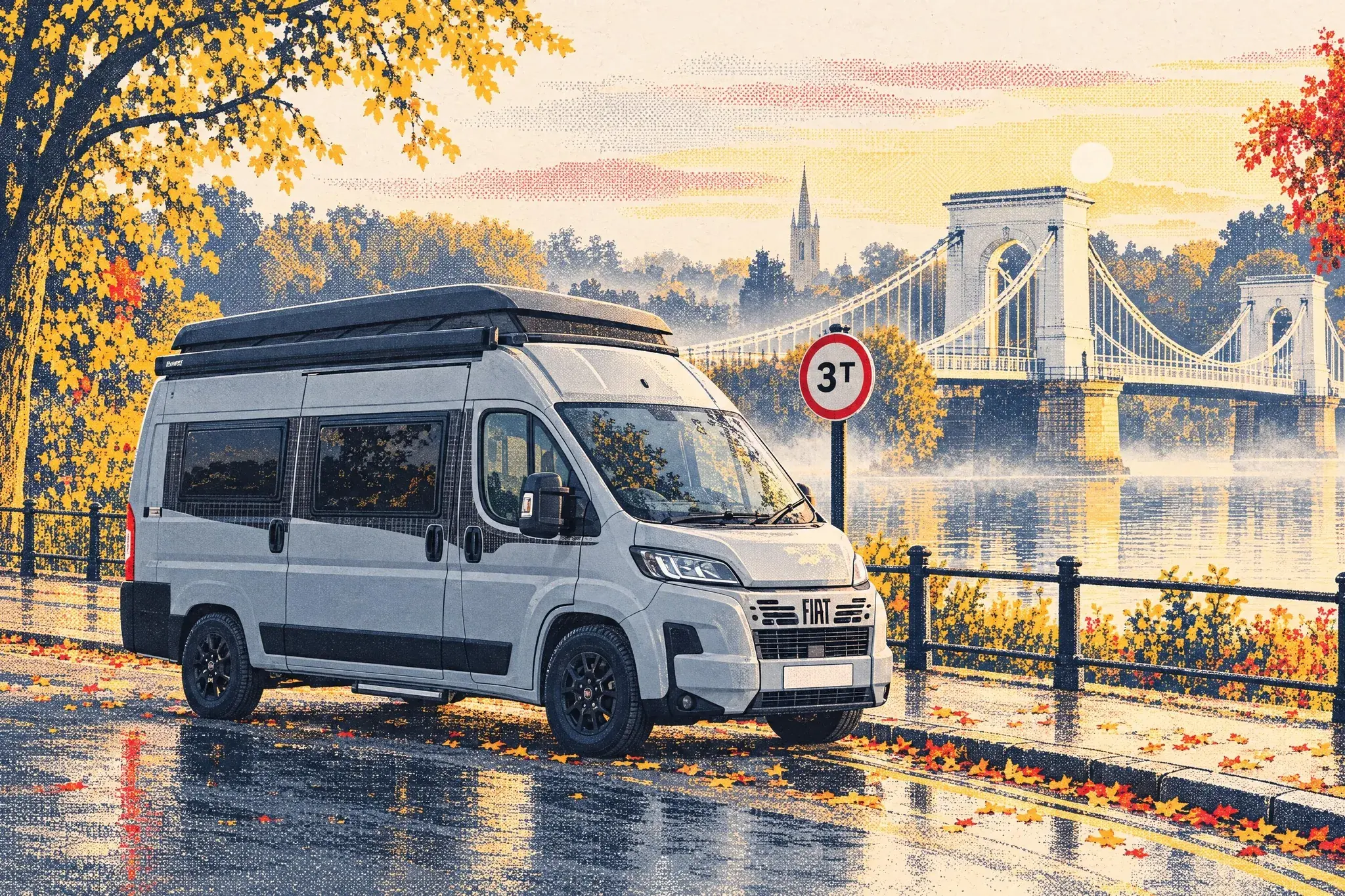 A Sunlight Vanlife 540 V pop-top campervan stopped at the kerb by a 3T weight-limit sign before Marlow's white suspension bridge on a misty September morning.