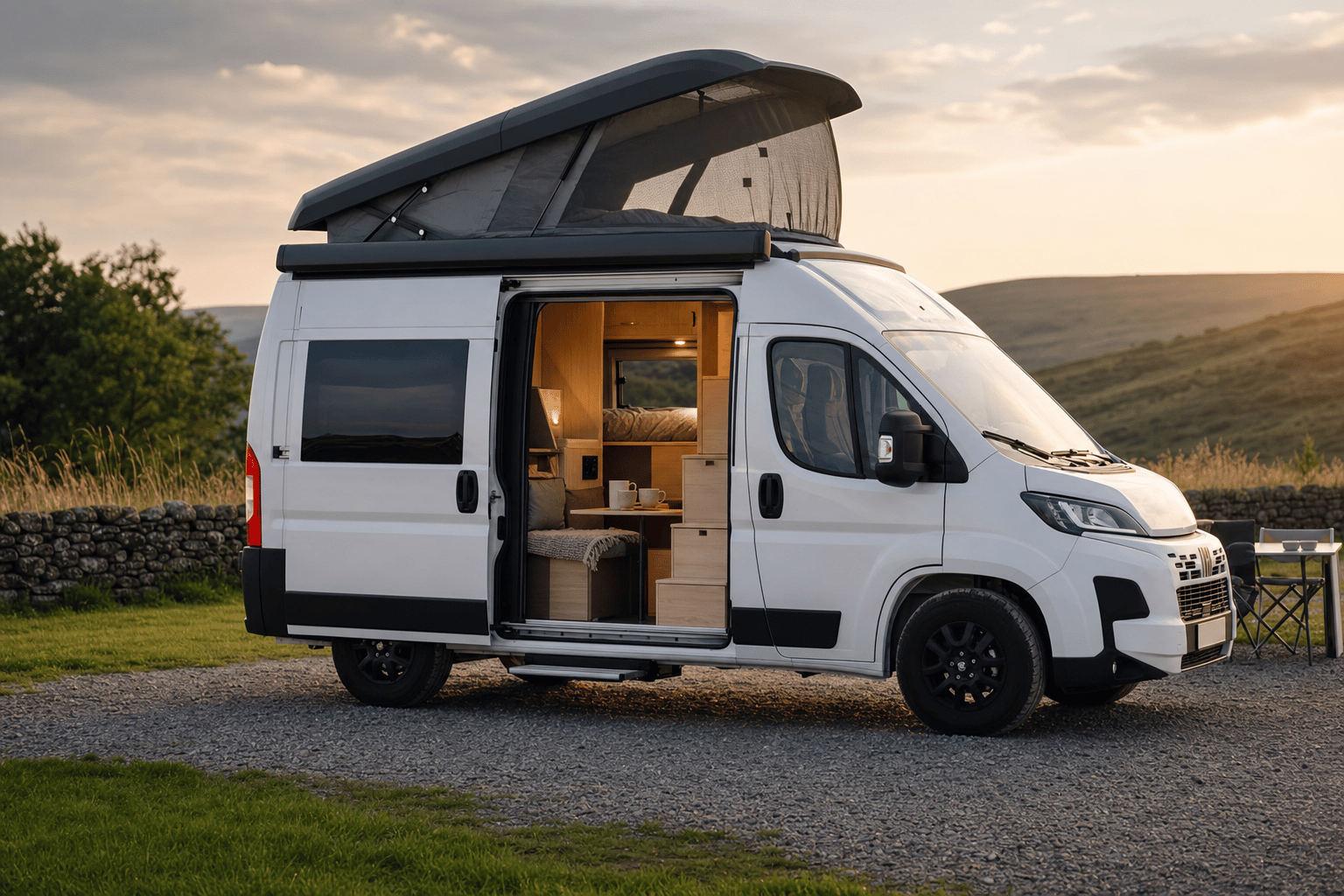 A compact white campervan parked on a UK campsite at golden hour, side door open showing an interior staircase up to a rear bed above a small lounge.