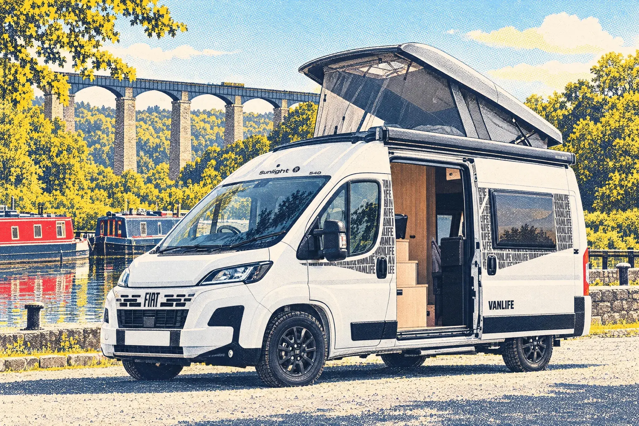 A Sunlight Vanlife 540 V campervan in side view, pop-top up and sliding door open to its staircase, parked at Trevor Basin with Pontcysyllte Aqueduct behind.
