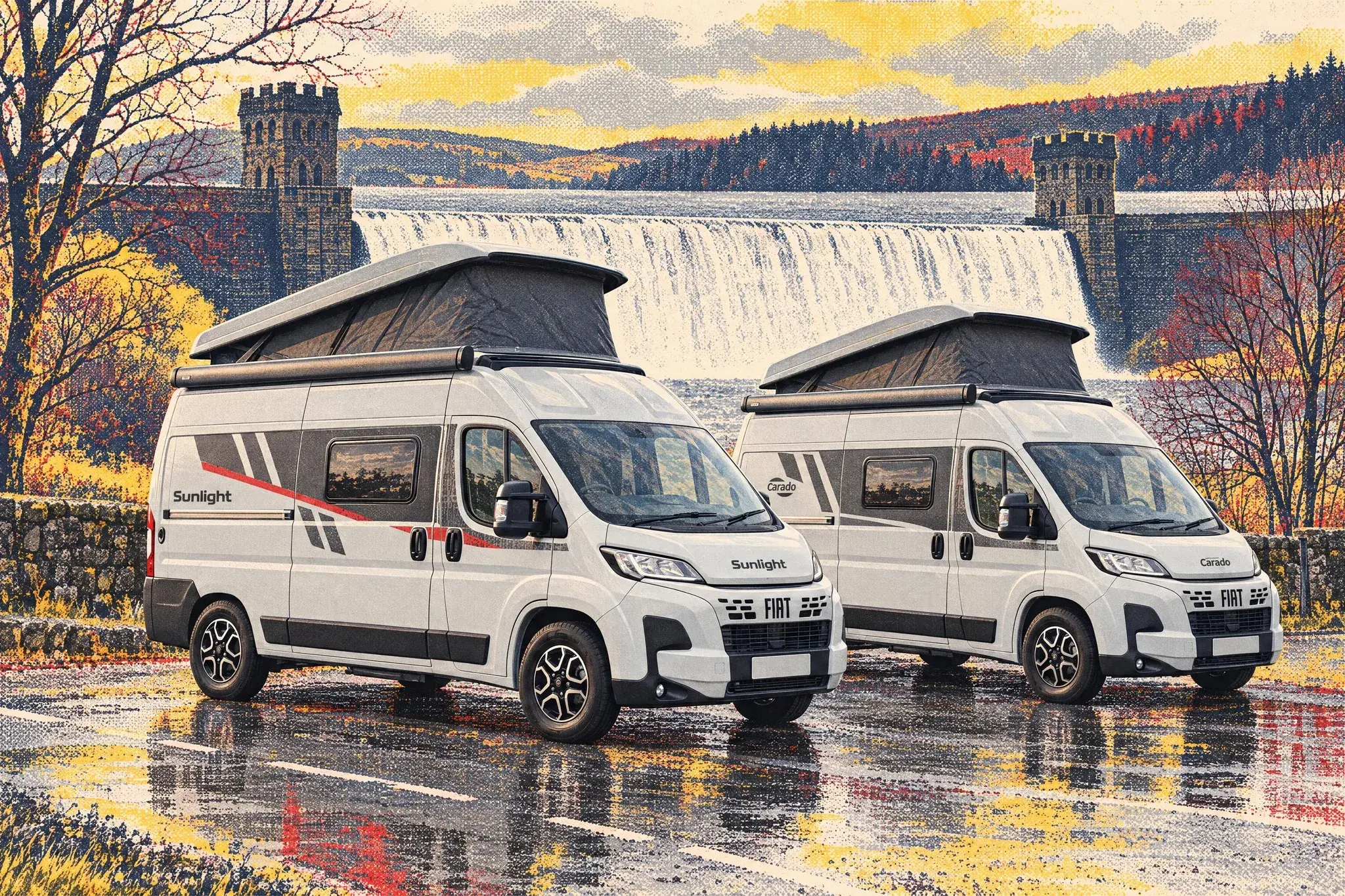 A Sunlight Vanlife 540 V and a near-identical Carado CV 541 Pro campervan parked side by side below Derwent Dam as water spills over its crest on a grey day.
