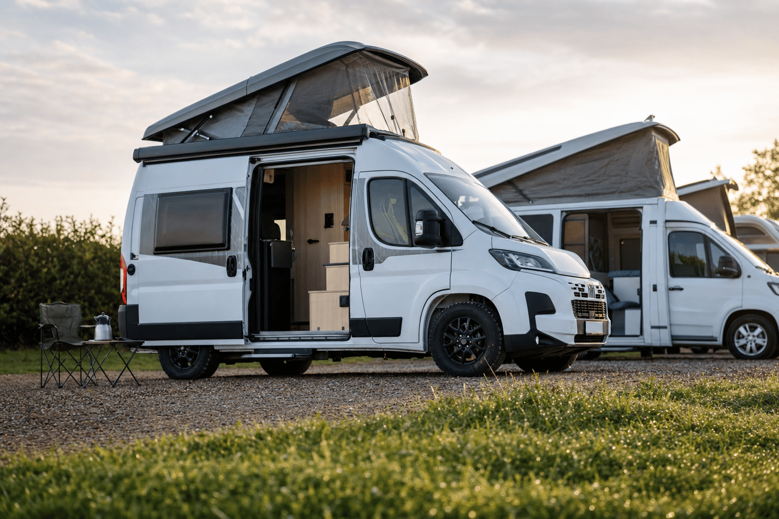 A row of compact white panel-van campervans parked on a gravel campsite at golden hour, with one sliding door open showing the interior.