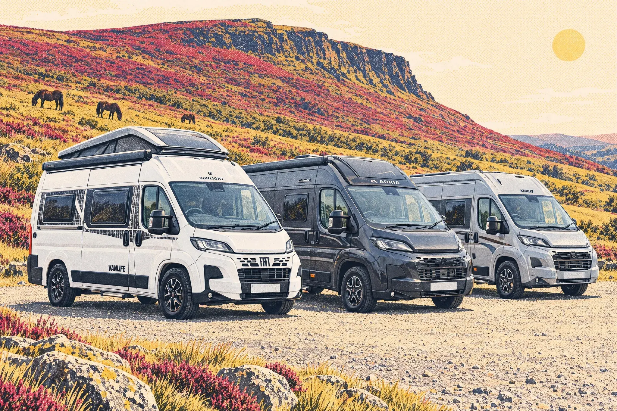 A Sunlight Vanlife 540 V parked beside an Adria Twin and a Knaus BoxStar in the Hay Bluff car park, Black Mountains, under hazy midday sun with ponies on the heather hill.