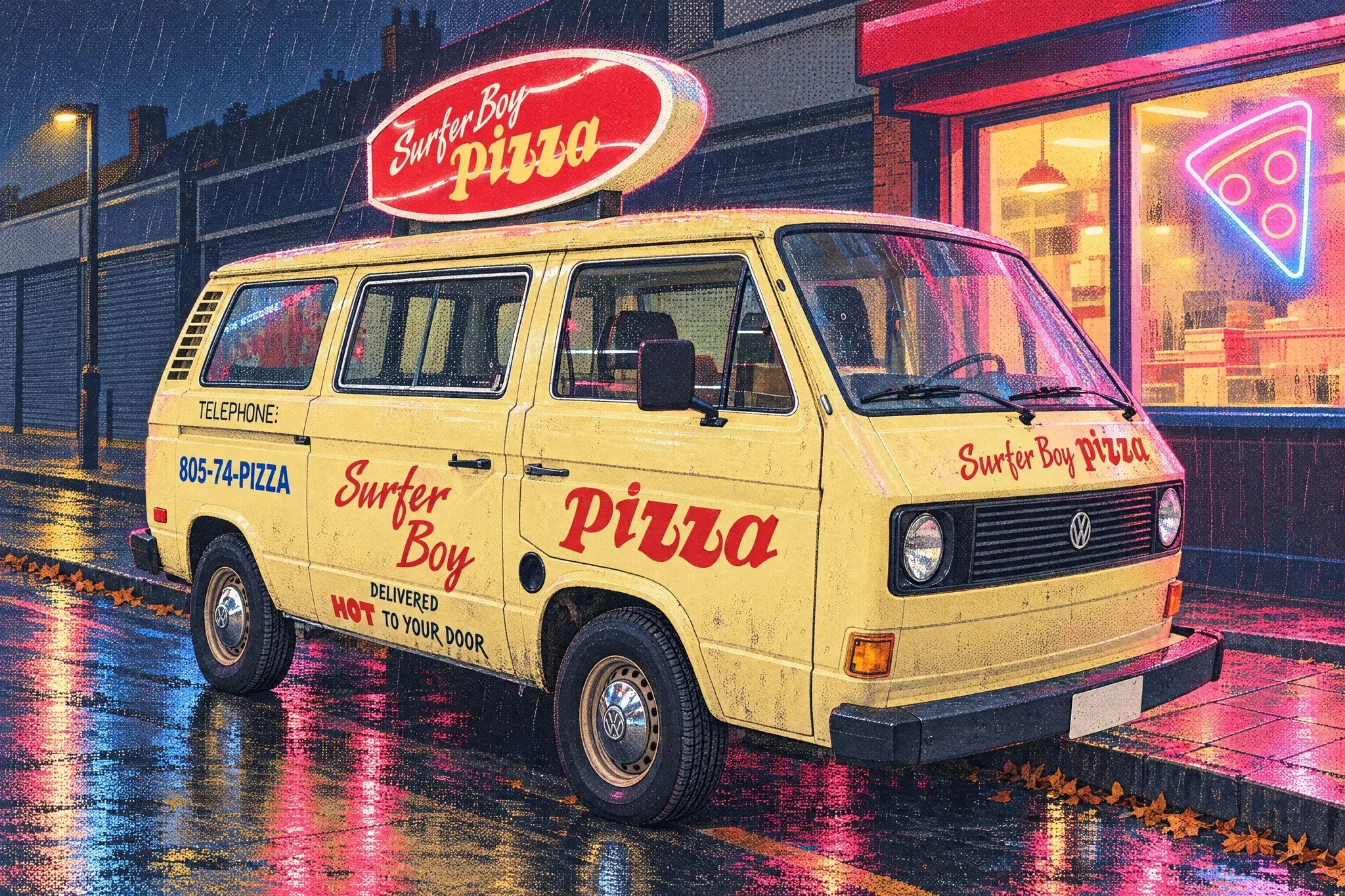 Illustration of the yellow Surfer Boy Pizza VW T3 van from Stranger Things parked at night outside a neon-lit pizza takeaway in the drizzle, its roof sign glowing.