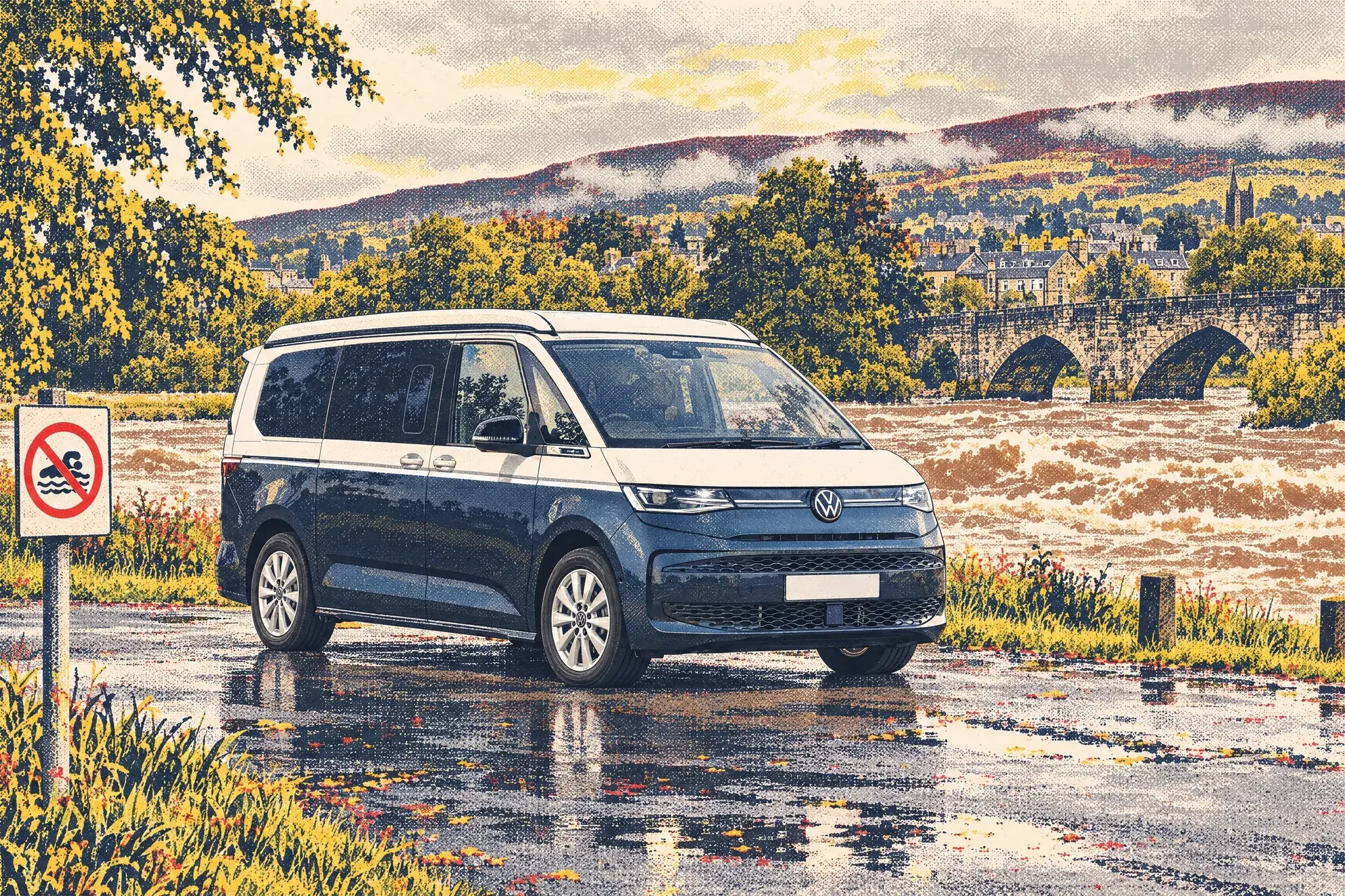 A Volkswagen California campervan parked beside the swollen brown River Wharfe at Ilkley, with an old stone packhorse bridge, a no-swimming sign and moorland beyond.