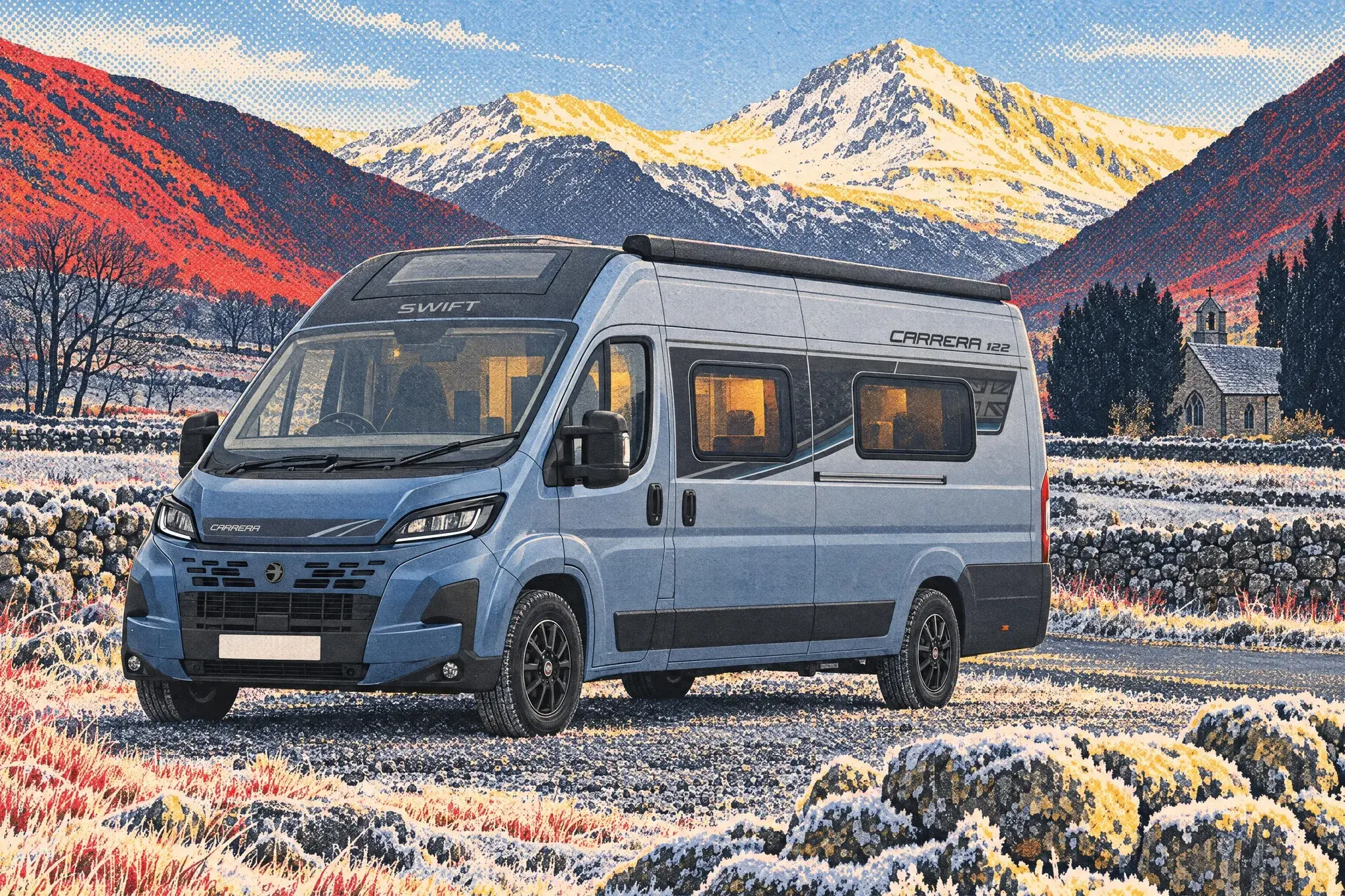 Illustration of a 2027 Swift Carrera campervan on a Fiat Ducato, seen from its sliding-door side on a frosty lane at Wasdale Head below snowy Great Gable.