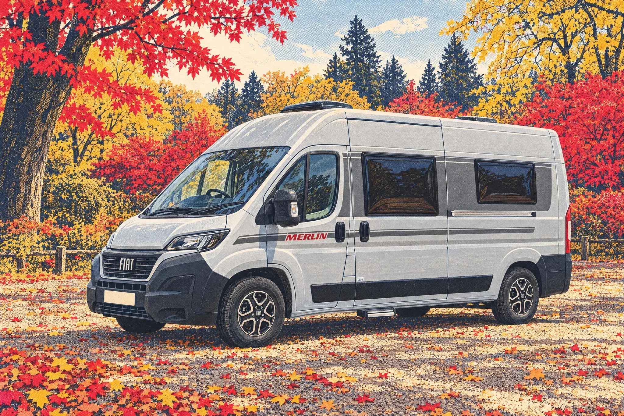 A 2027 Swift Merlin 112 campervan on a Fiat Ducato base, parked alone beneath blazing red and orange maples at Westonbirt Arboretum on a hazy autumn morning.