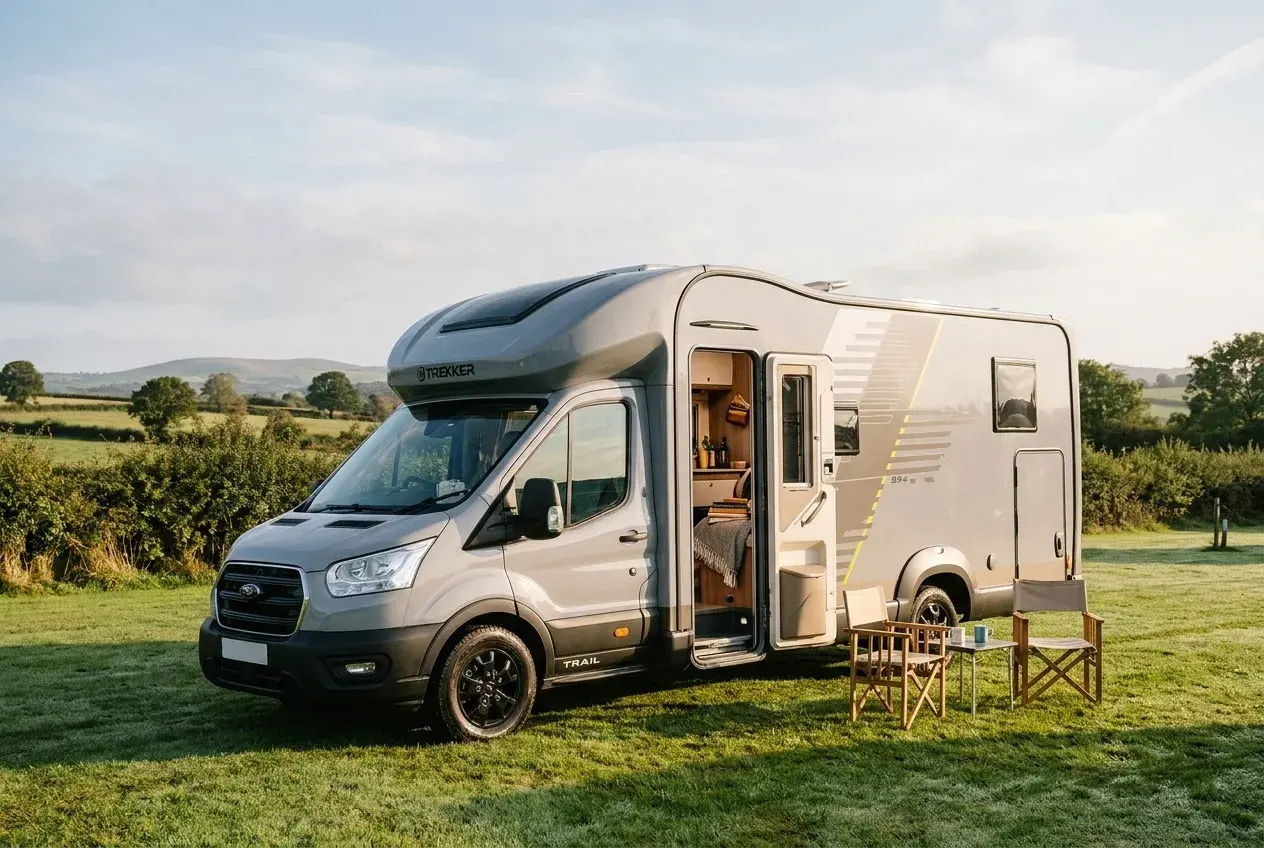 A compact white coachbuilt motorhome with an overcab bed pod parked on a grassy UK campsite pitch at golden hour, side door open with chairs outside.
